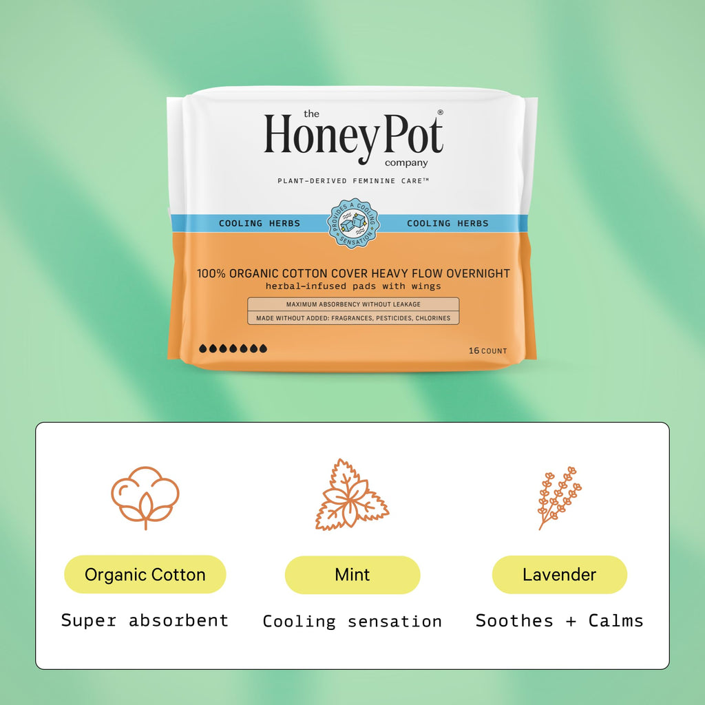 The Honey Pot Company - Herbal Sanitary Pads for Women - Heavy Flow Overnight w/Wings - Infused w/Essential Oils for Cooling Eff