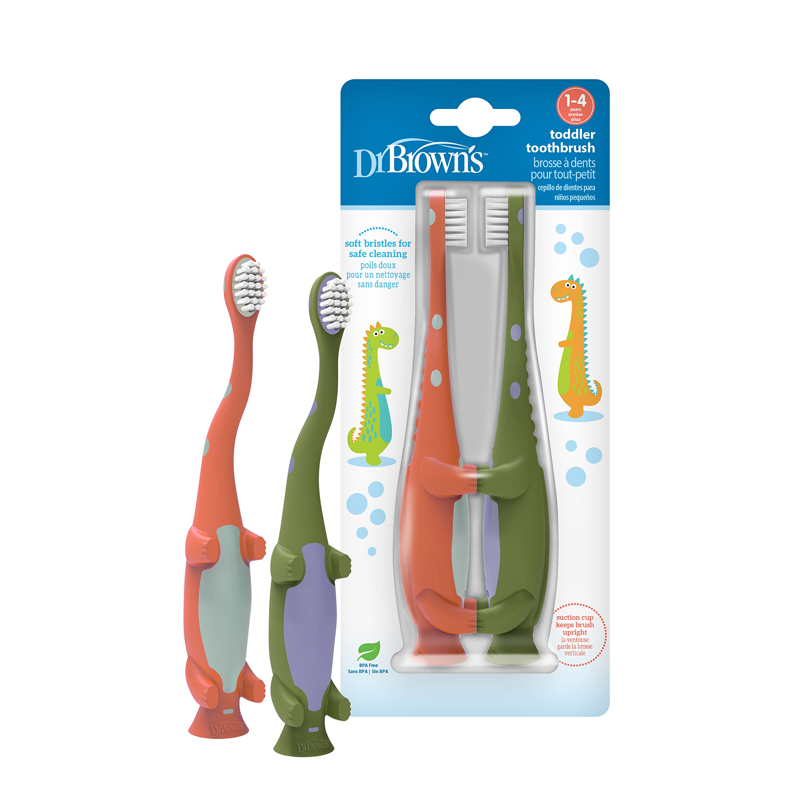 Dr. Browns Toddler Toothbrush, Dinosaur, Green and Orange, 2-Pack