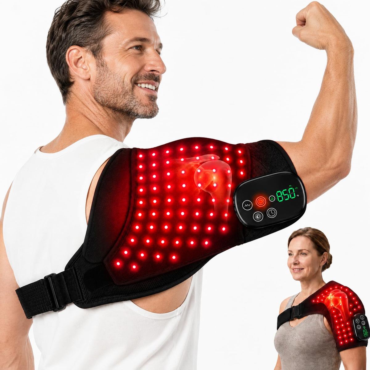 Upgraded Cordless Red Light Therapy for Shoulder Wrap with Heat & Vibration Massage, 660nm & 850nm LED Shoulder Pad for Men Wome