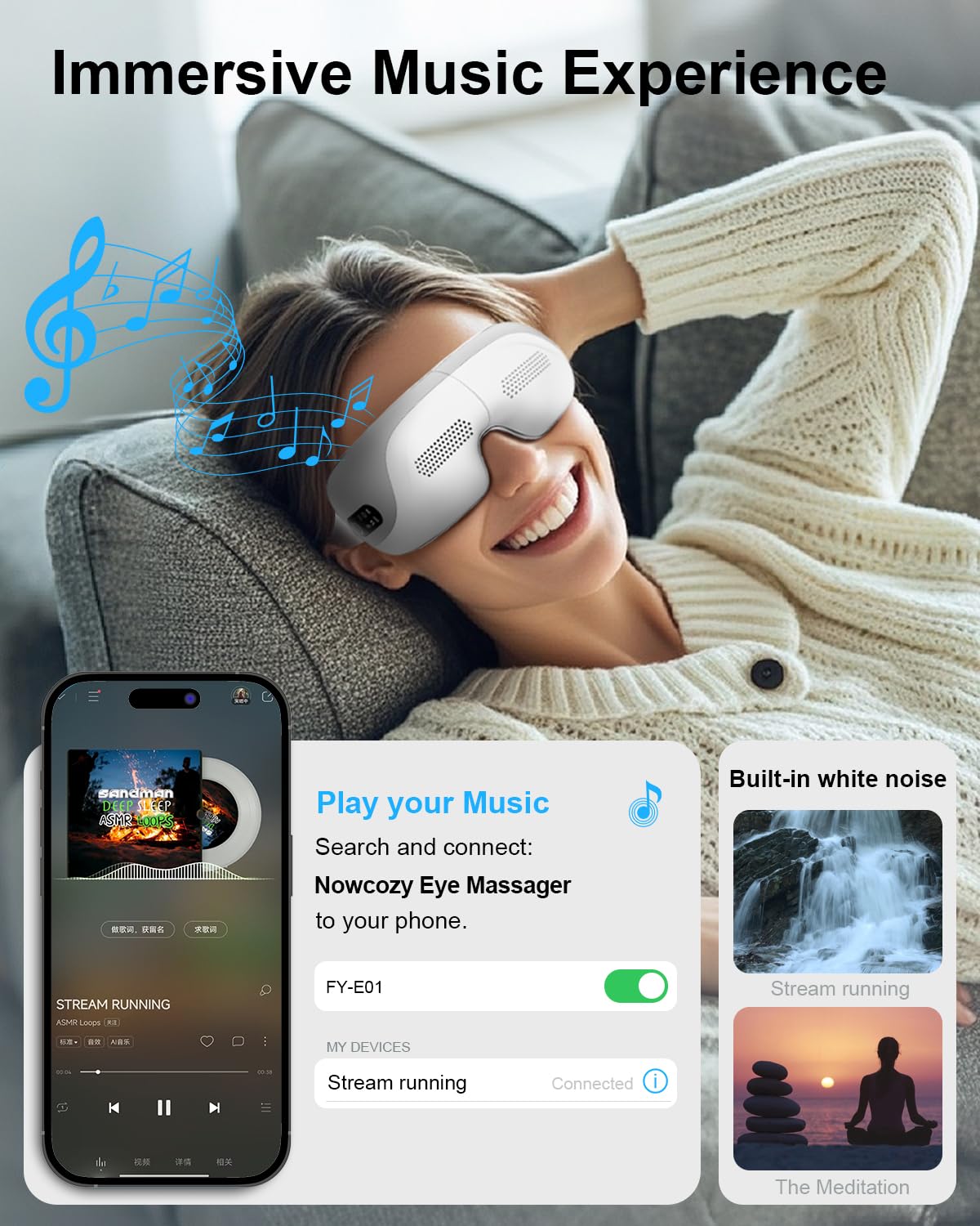 NOWCOZY Eye Massager with Heat, Smart Eye Massager with Bluetooth Music for Migraine Dry Eye Sleep Relief, Portable Massage Slee