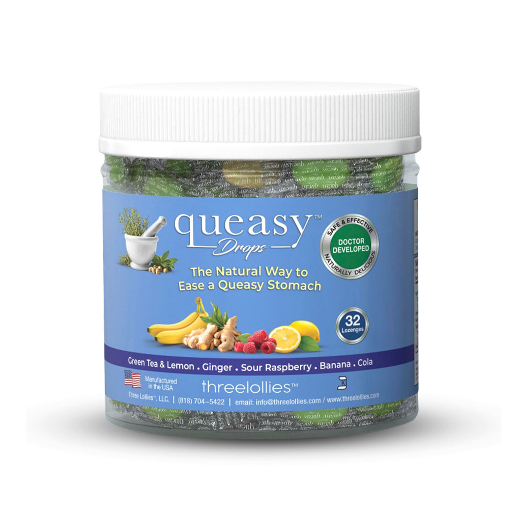 Three Lollies Queasy Drops - Relief from Nausea & Travel Sickness - Soothes a Dry Mouth & Settles Stomach - Natural Ingredients 