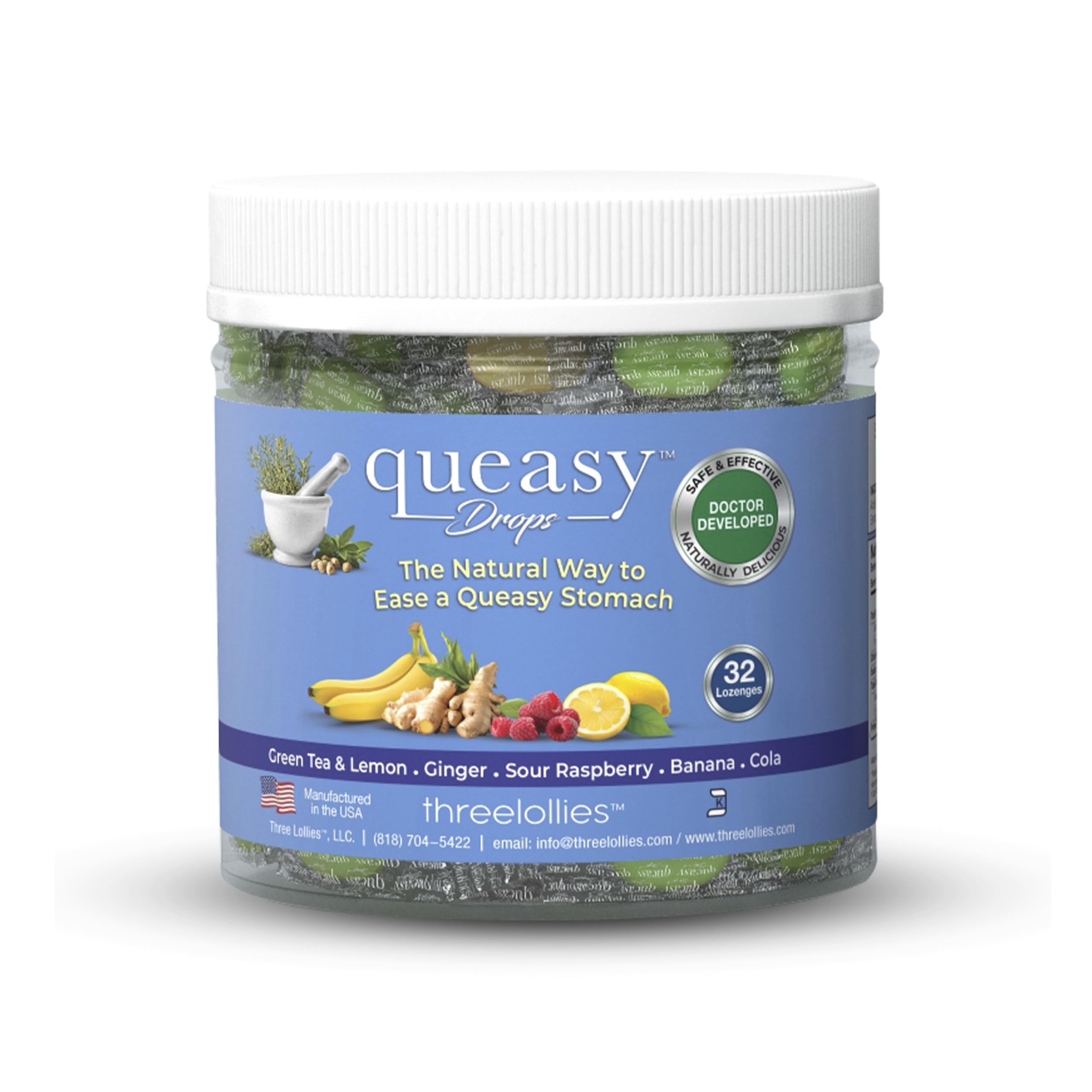 Three Lollies Queasy Drops - Relief from Nausea & Travel Sickness - Soothes a Dry Mouth & Settles Stomach - Natural Ingredients 