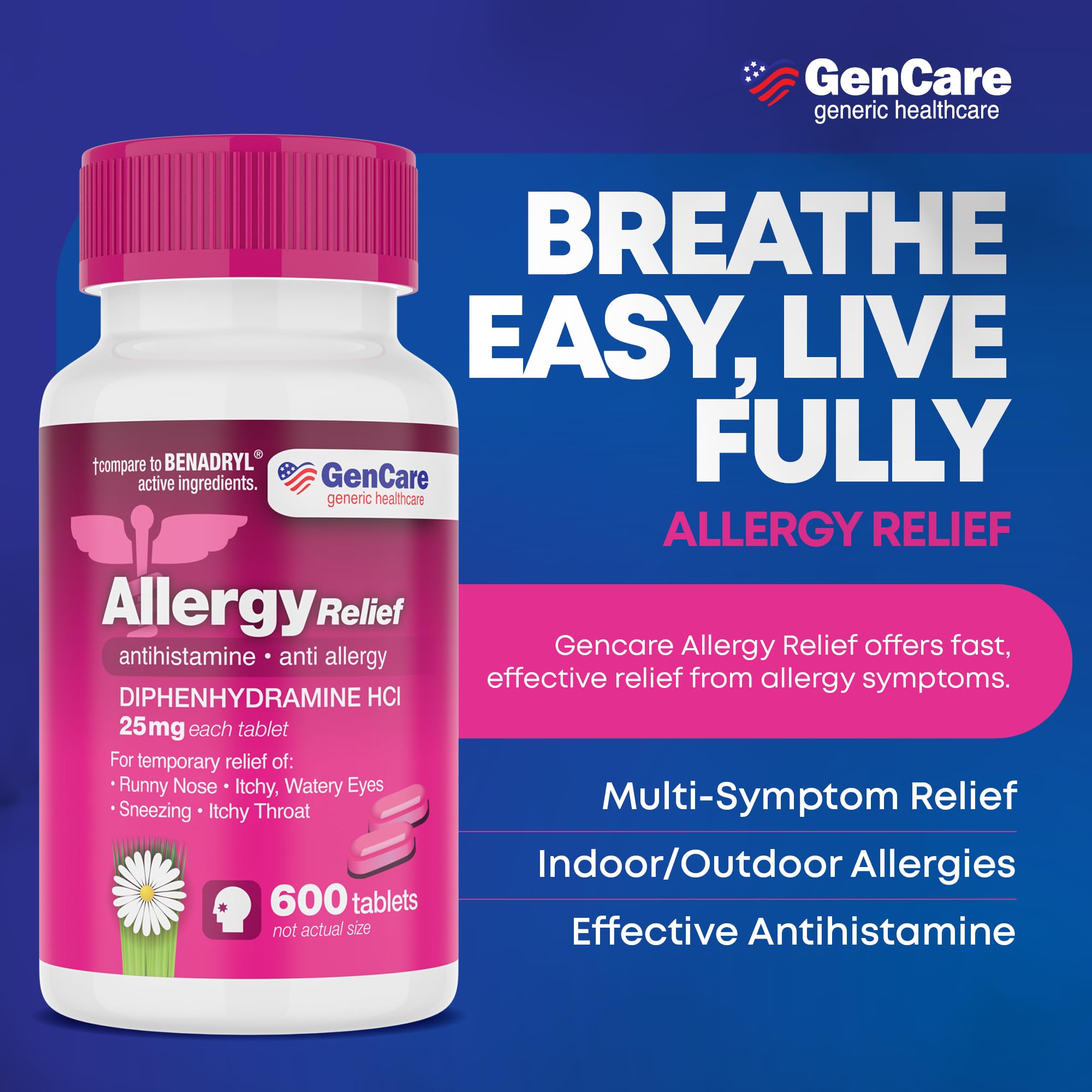 GenCare - Allergy Relief Medicine | Antihistamine Diphenhydramine 25mg (600 Tablets Per Bottle) Value Pack | Relieve for Itchy E