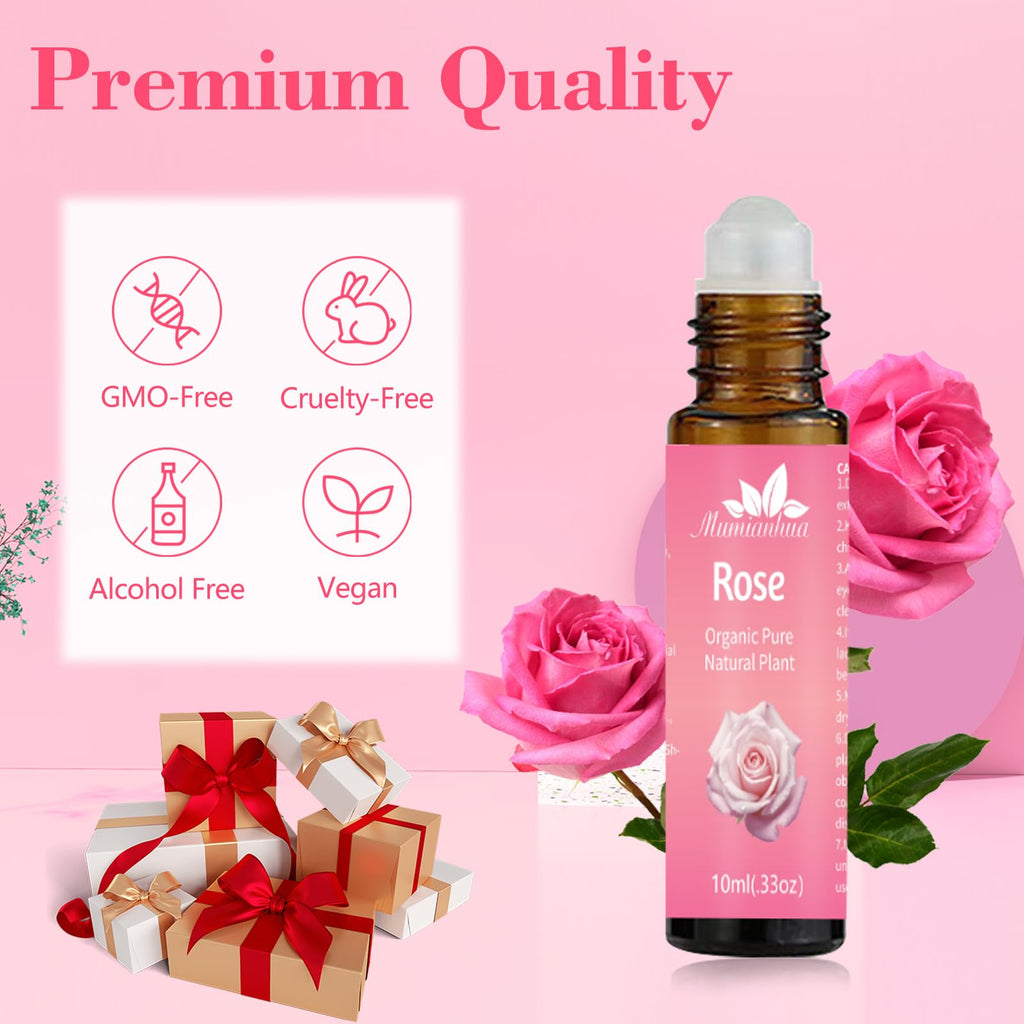 Rose Essential Oil Roll On, Mumianhua Diluted Rose Oil Touch Essential Oil, Aromatherapy Roller Oil for Skin, Body, Hair, Women,
