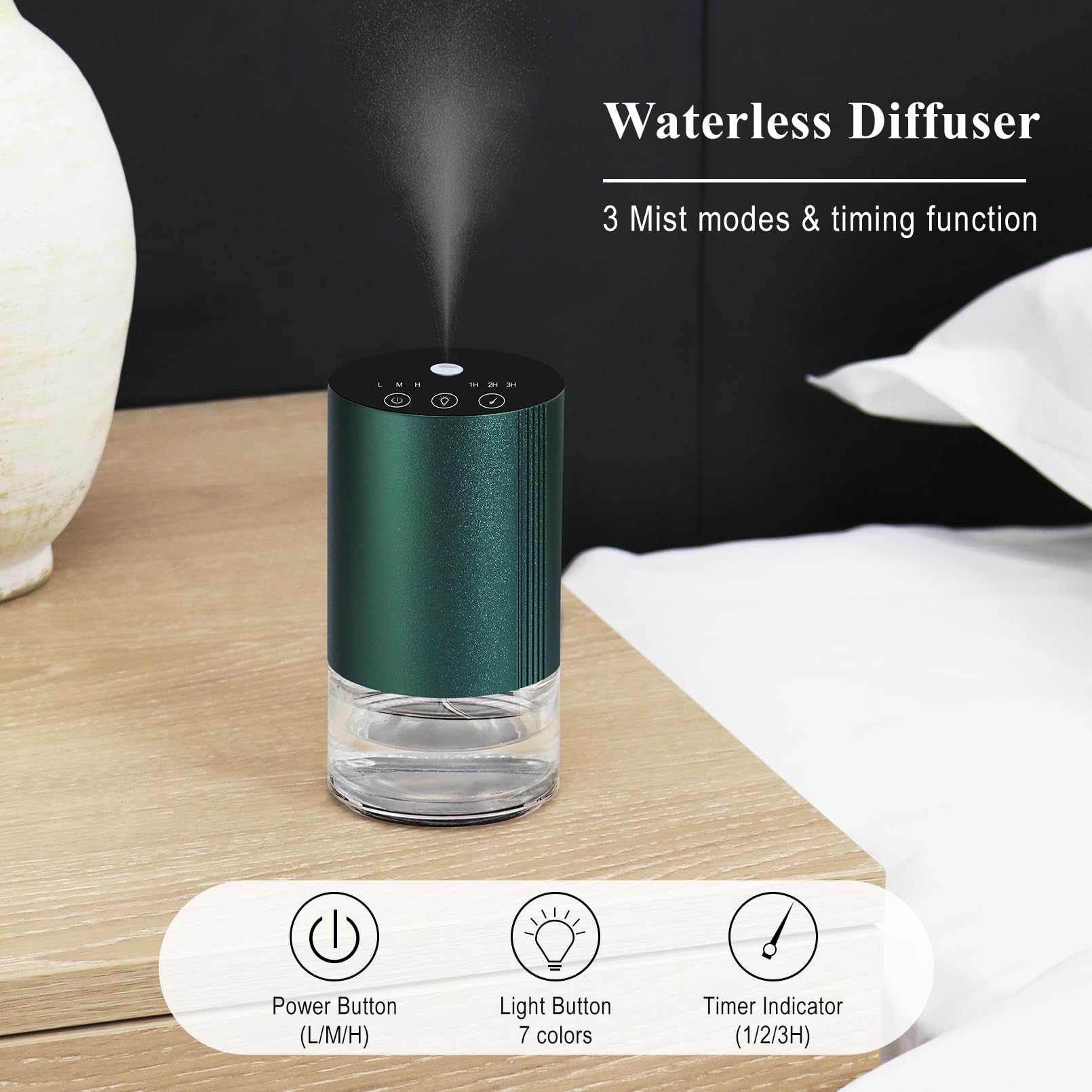 Aeeteek Essential Oil Diffuser, Waterless Scent Diffusers for Home Large Room, Rechargeable Atomizing Humidifier with 7-Color Ni