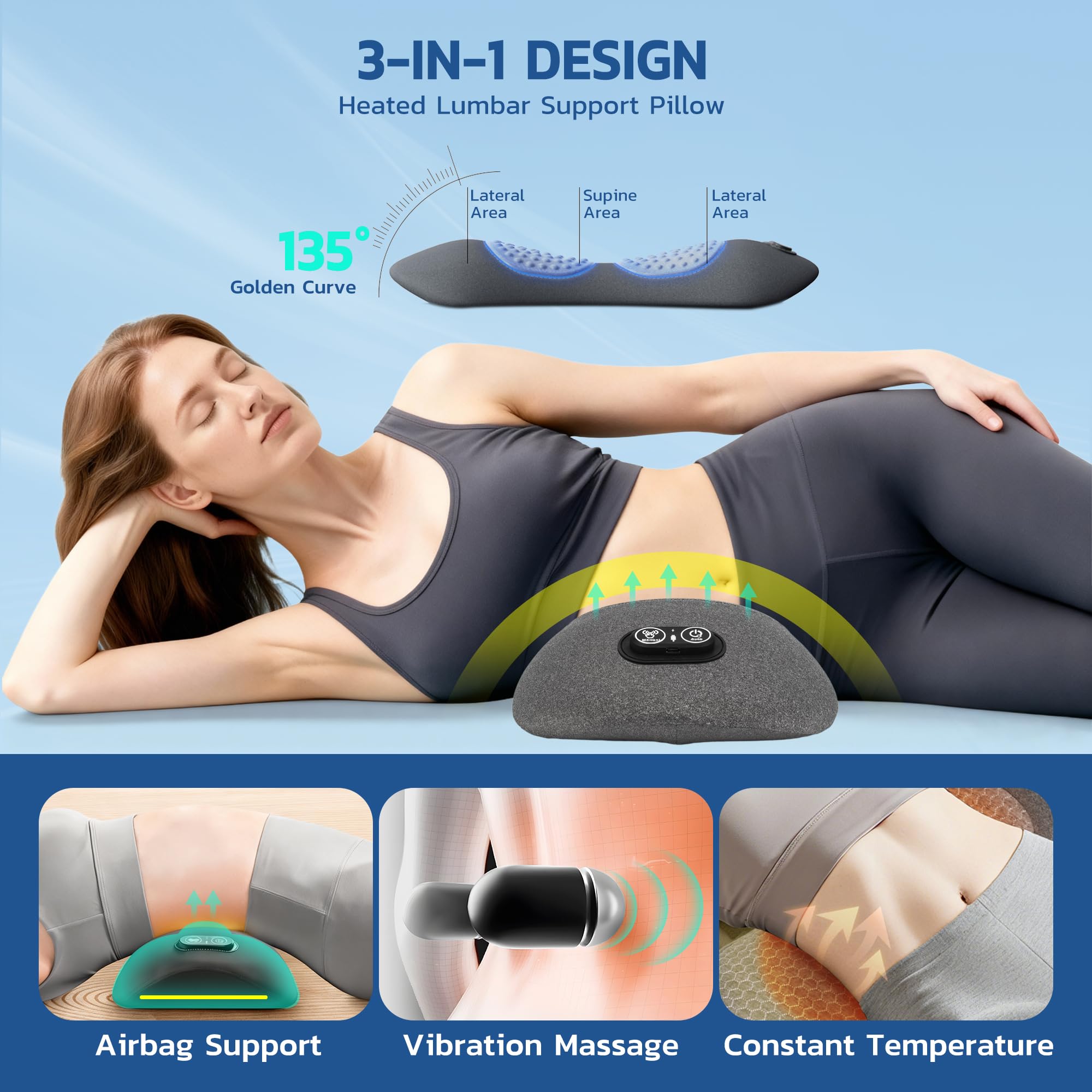 ZOYACREATE Rechargeable 3 in 1 Lumbar Support Pillow, Electric Lower Back Massager Waist Decompression Devices Heat Vibration