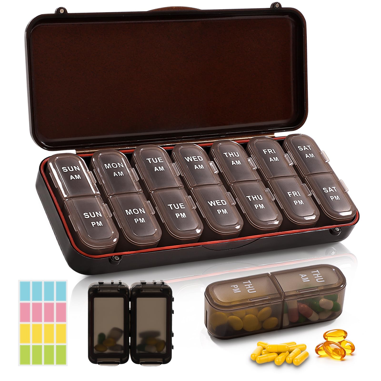 LOBIUTIYA Weekly Pill Organizer 2 Times a Day + 2 Detachable Organizers Kit - AM PM Travel for Vitamin Medicine Supplement Fish 
