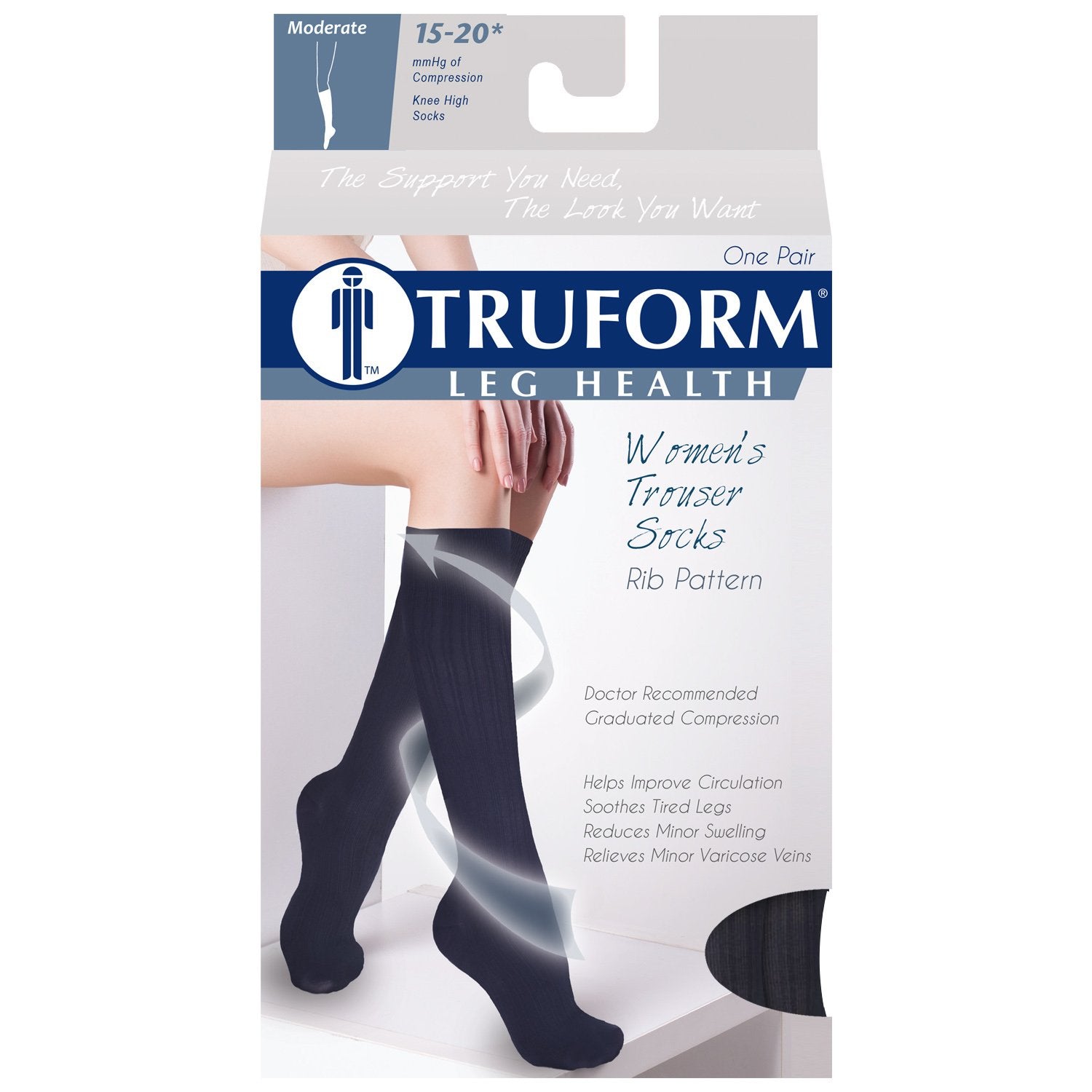 Truform Compression Socks, 15-20 mmHg, Women's Dress Socks, Knee High Over Calf Length, Navy Rib Knit, X-Large