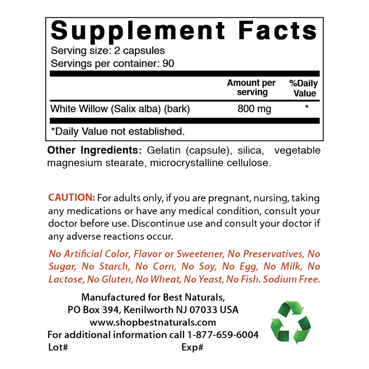 Best Naturals White Willow Bark 400 mg 180 Capsules