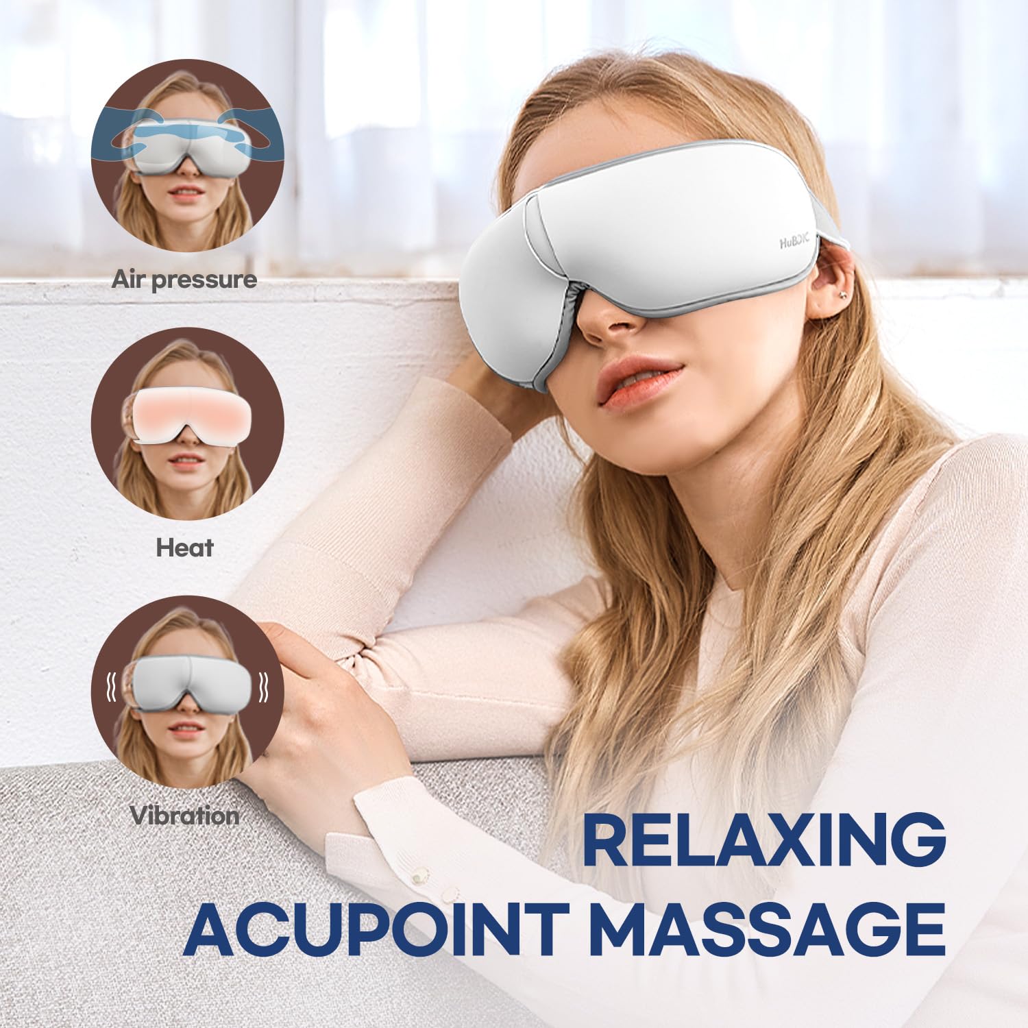 HubiCare Eye Massager with Heat, Gifts for Women/Men, Heated Eye Mask with Compression and Bluetooth Music for Migraine Relief,