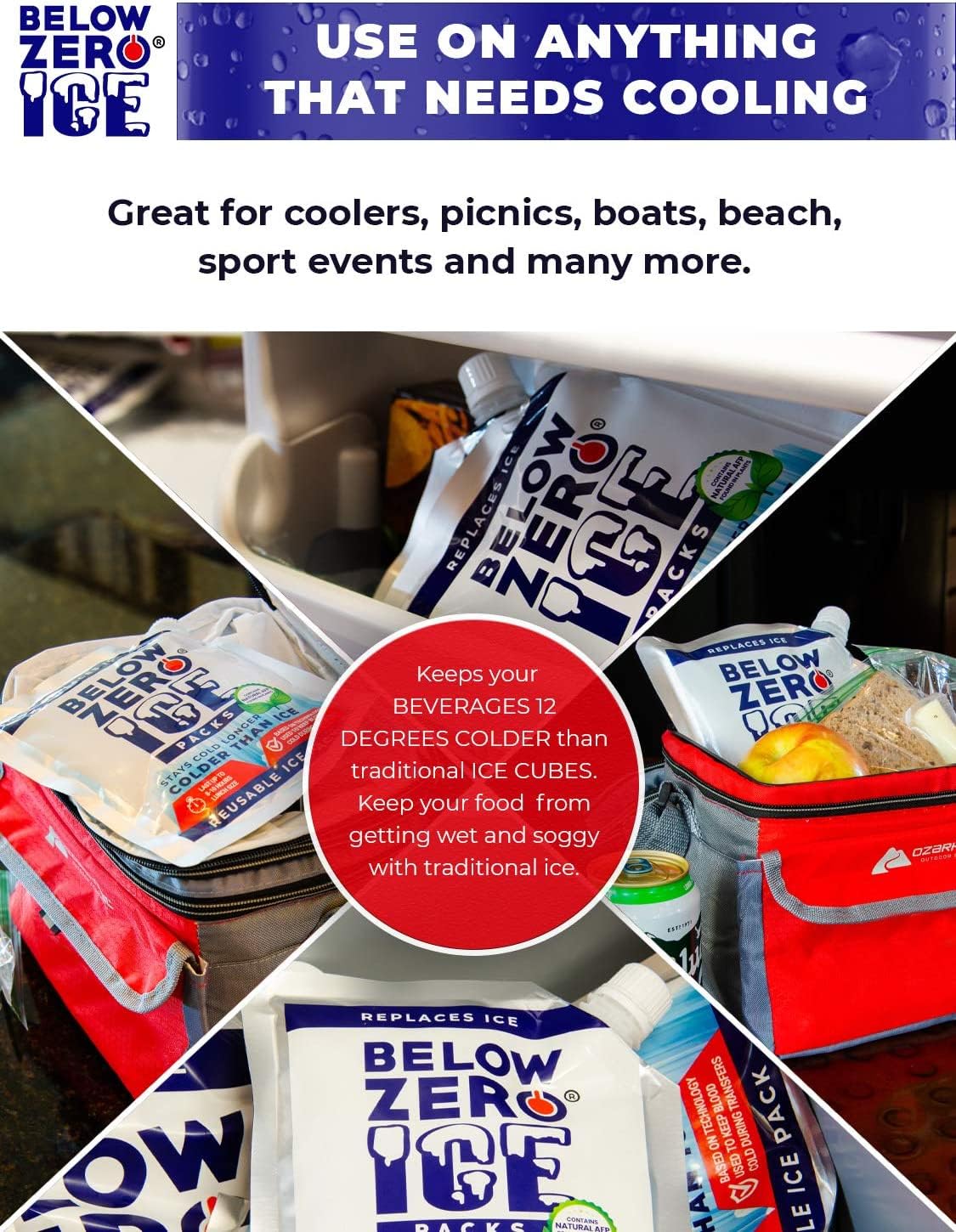 Below Zero Large Reusable Ice Packs for Coolers - Long Lasting Cooler Ice Pack Blocks, Leak-Proof Freezer Packs for Camping, Lun