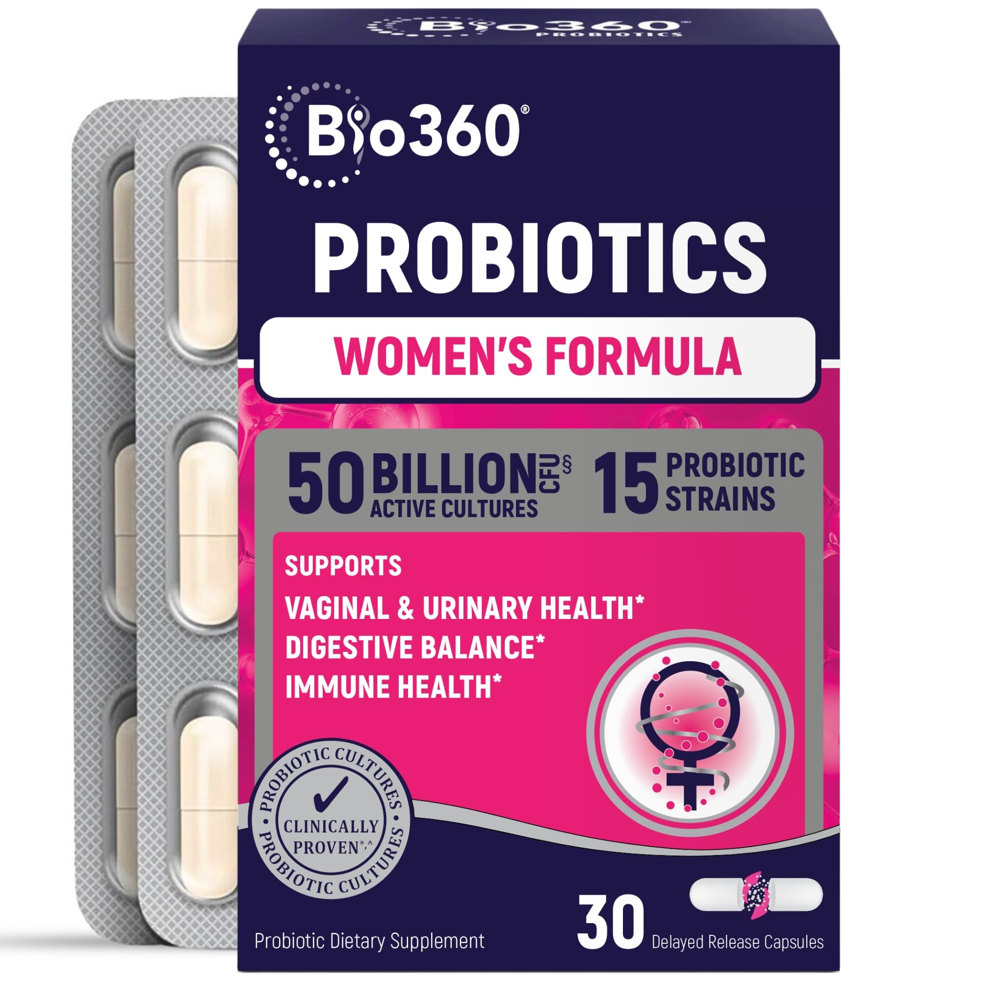 Bio360 Probiotics for Women Vaginigal Health - Supports pH Balance, Vaginal, Urinary, & Digestive Health - 50 Billion CFU & 15 U