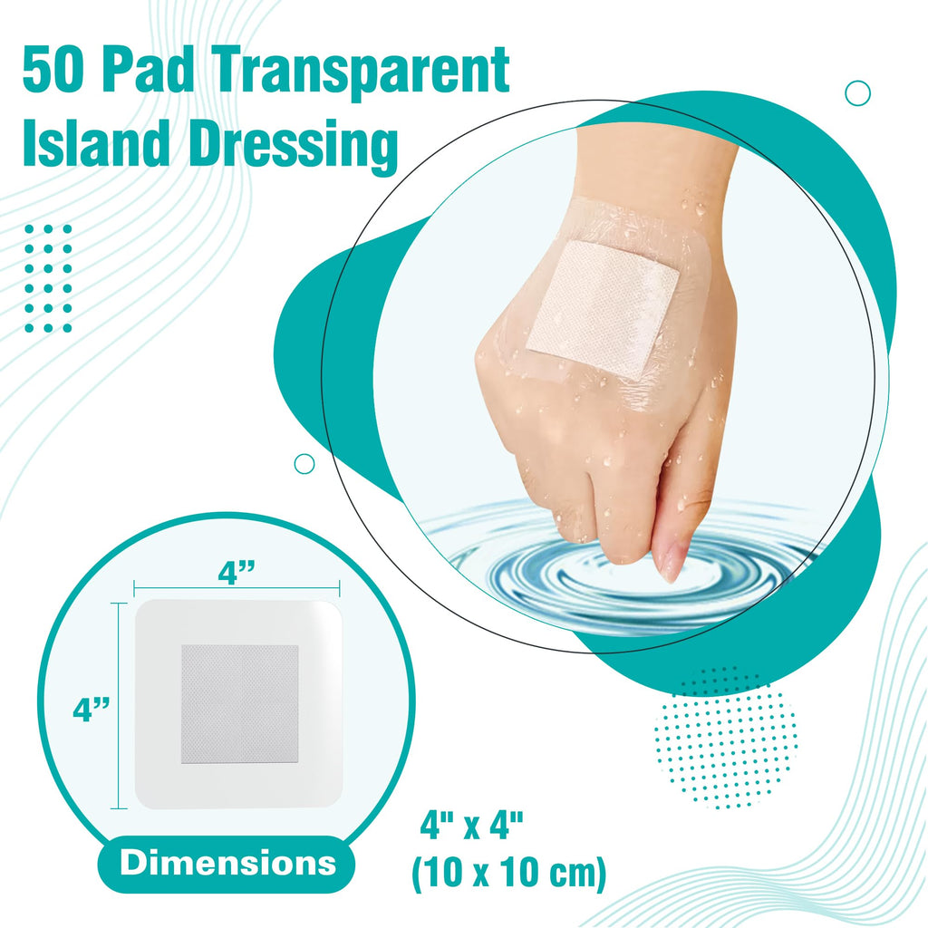 General Medi Waterproof Transparent Adhesive Island Dressing (50 Count, 4 x 4), Wound Care Pad with Adhesive Border - Sterile, S