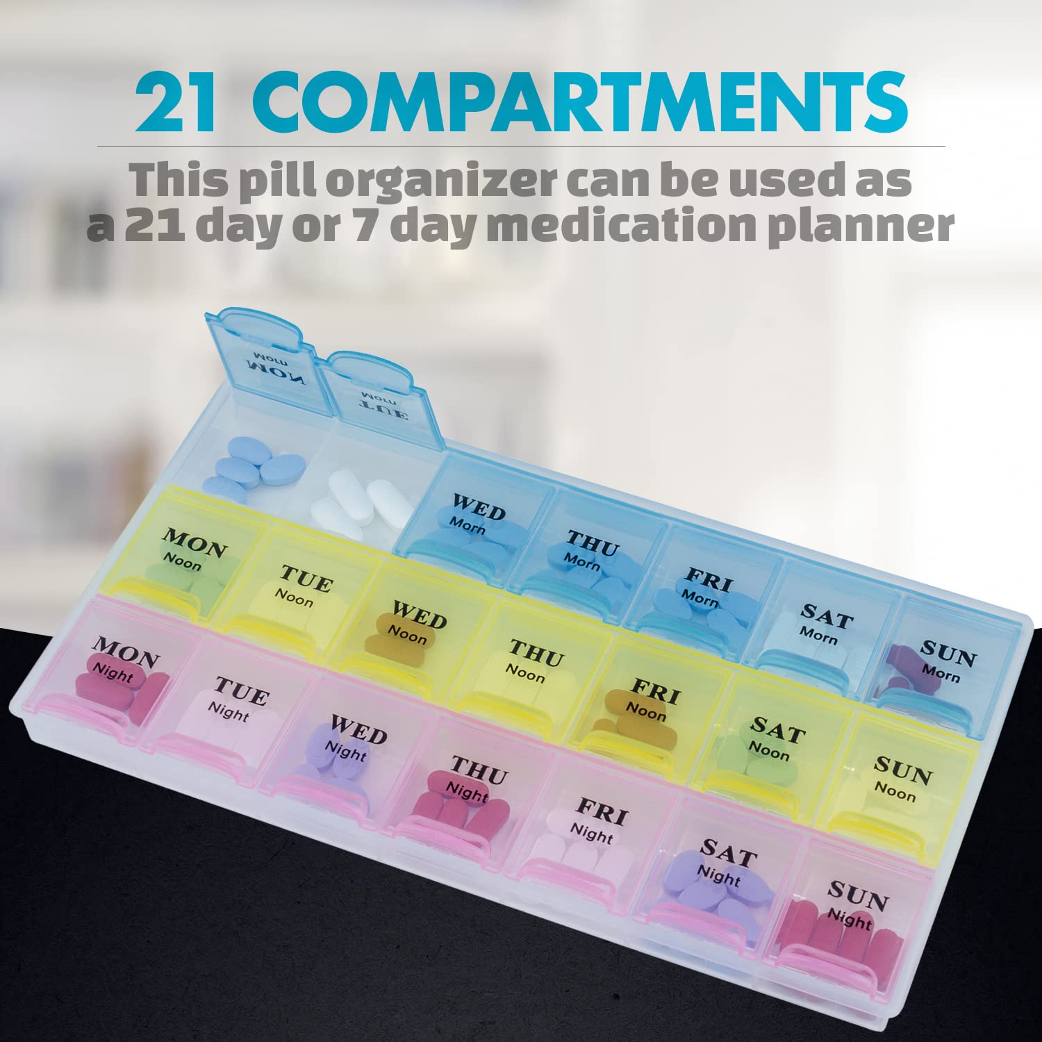 Weekly Pill Organizer - 21 Day Pill Planners for Pills Vitamins & Medication, 3 Times-a-Day Medication Reminder Boxes, Easy to R
