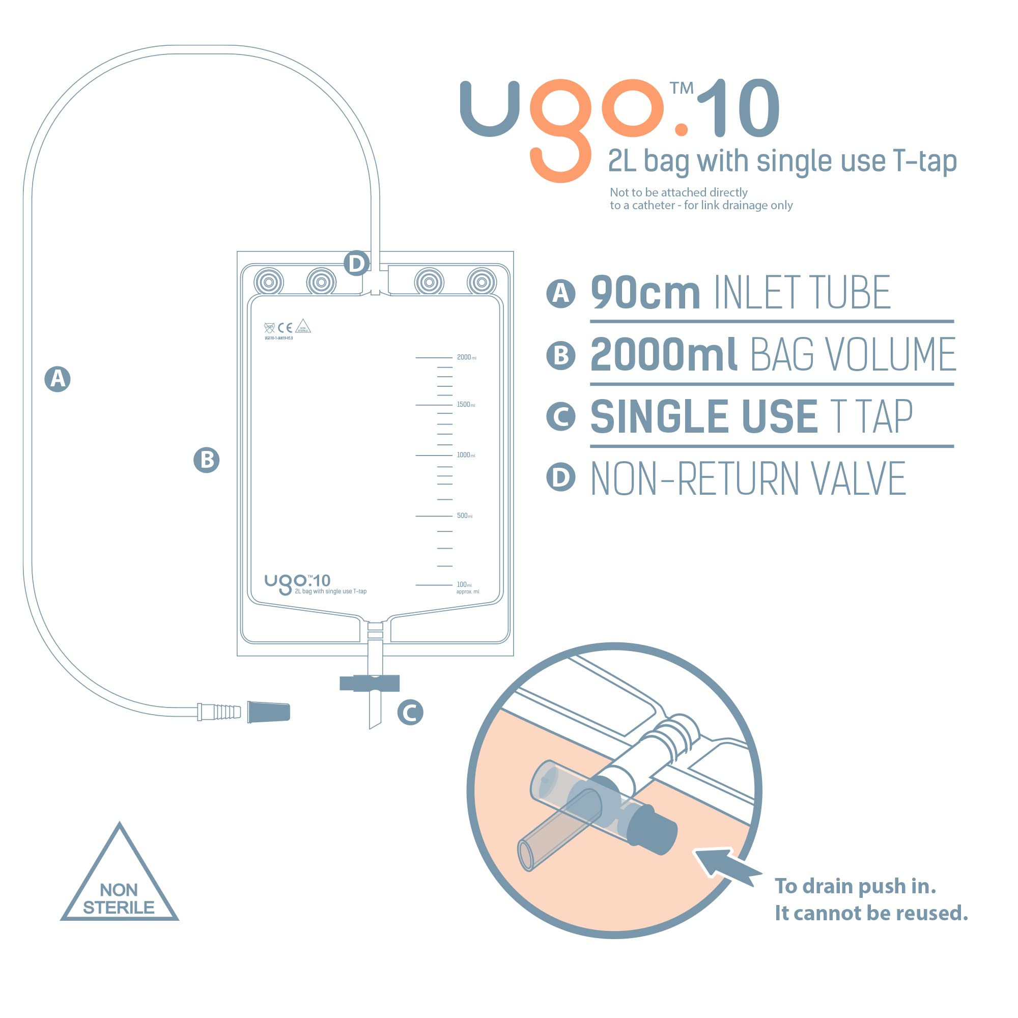 Ugo 2L Night Bags (x10) - Urine Drainage Bags/Catheter Night Bags, T Tap or Lever Tap with Kink Free Connection (Pack of 10) (Ug