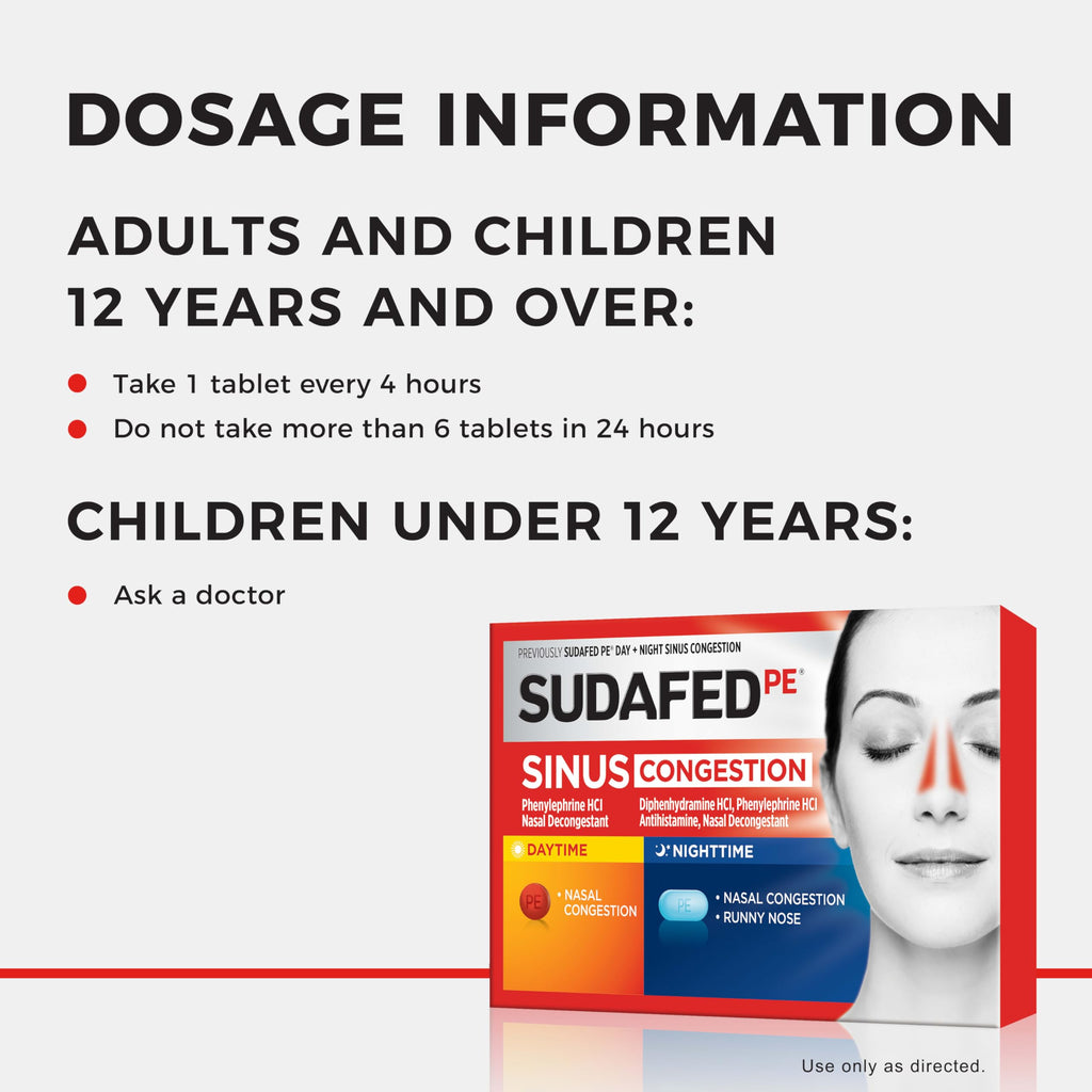 Sudafed PE Sinus Congestion Day + Night Maximum Strength Decongestant & Antihistamine Tablets with Phenylephrine HCl & Diphenhyd