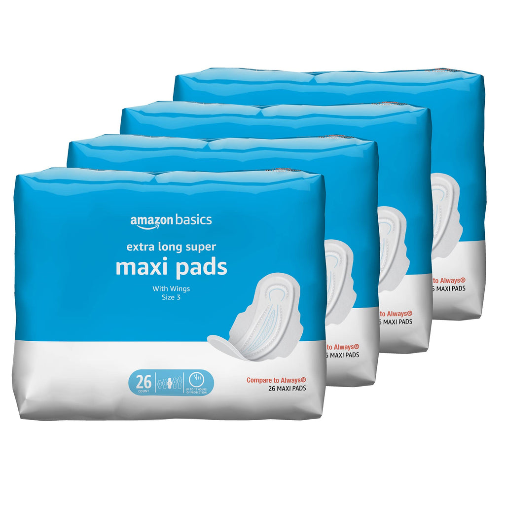 Amazon Basics Thick Maxi Pads with Flexi-Wings for Periods, Extra Long Length, Super Absorbency, Unscented, Size 3, 104 Count (4