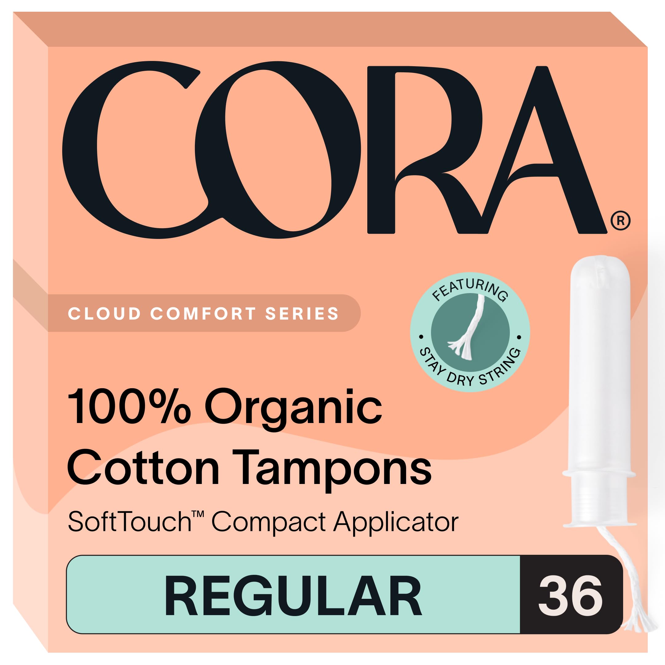 Cora Organic Applicator Tampons | Regular Absorbency | 100% Organic Cotton, Unscented, BPA-Free Compact Applicator | Leak Protec
