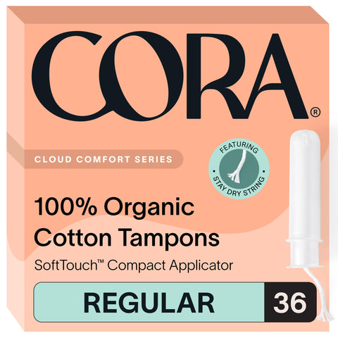 Cora Organic Applicator Tampons | Regular Absorbency | 100% Organic Cotton, Unscented, BPA-Free Compact Applicator | Leak Protec