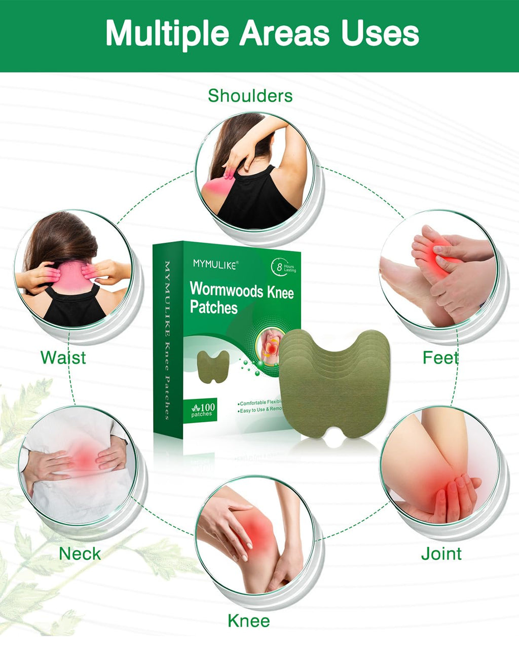 MYMULIKE Knee Patches, 100 Count Warming Natural Herbal Plaster Knee Patches, Wormwood Extract Sticker 8 Hours Lasting Reduction