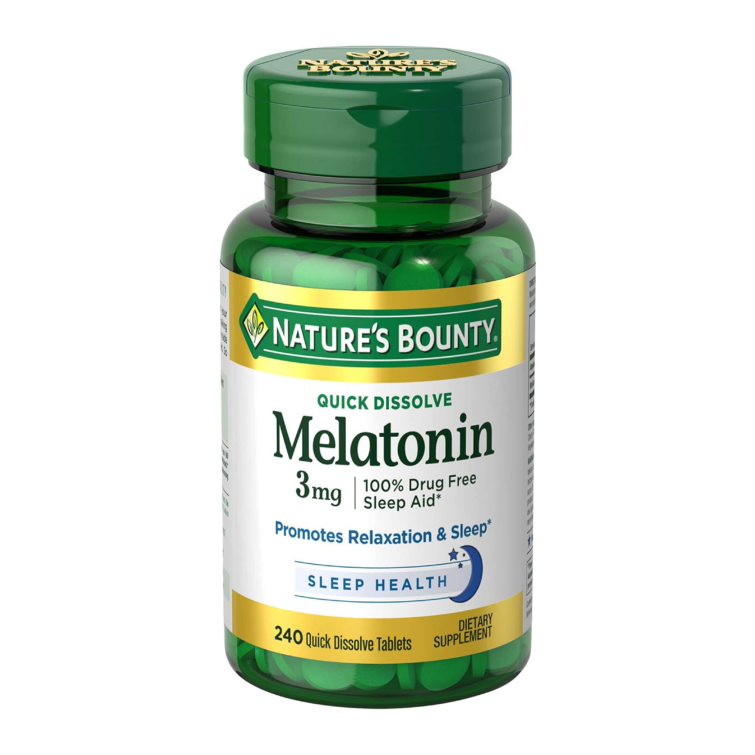 Natures Bounty Melatonin 3mg, 100% Drug Free Sleep Aids for Adults, Supports Relaxation and Sleep, Dietary Supplement, 240 Count