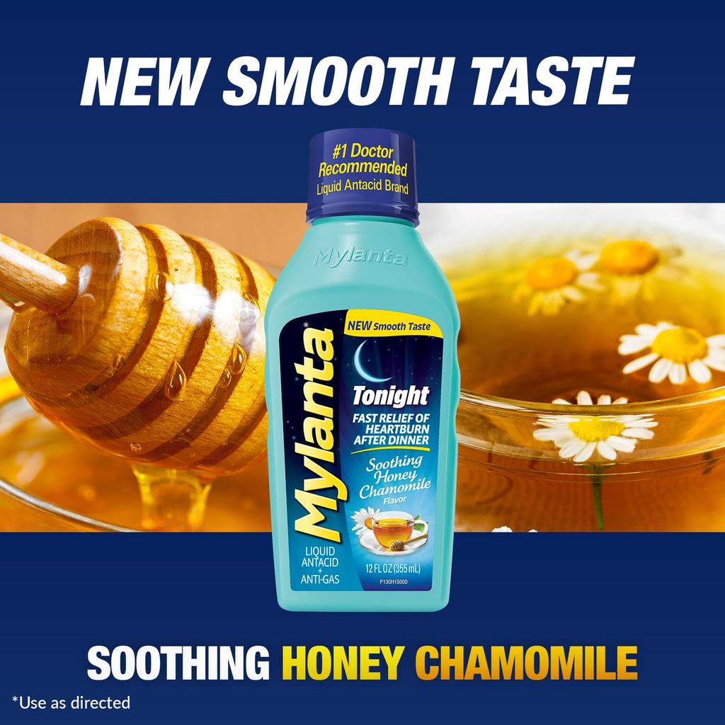 Mylanta Heartburn and Gas Relief, Liquid Antacid, Tonight Formula, Honey Chamomile Flavor, 12 Fl Oz