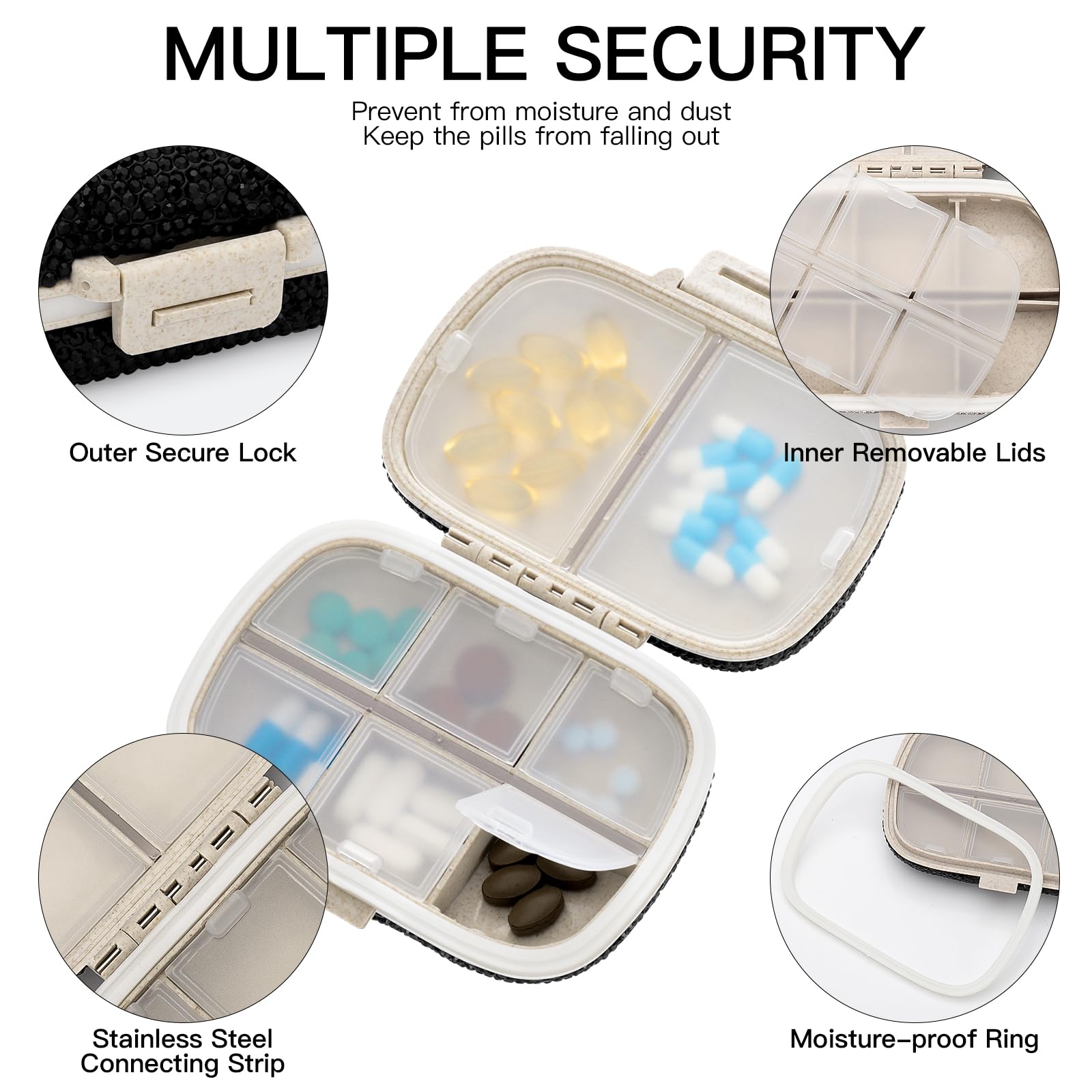 Soleebee Portable 8 Compartments Daily Pill Organizer, Bling Crystal Diamond Pill Box, Small Travel Pill Case, Pill Dispenser, M