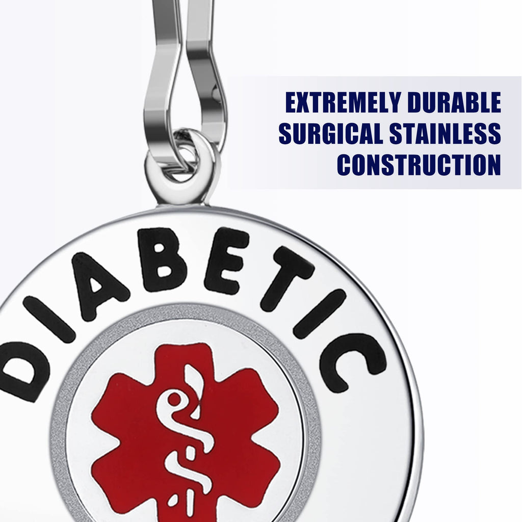 Divoti Diabetic Alert Bag Tag 1.25 - with Quick Clip | Pre-Engraved Stainless Steel Dual-Sided | Bold Lettering