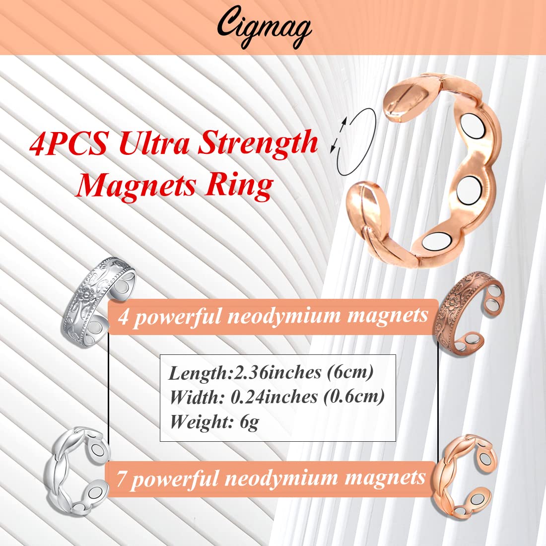 Cigmag 4PCS Copper Rings for Women, 99.99% Pure Copper Magnetic Ring Strong Magnets, Adjustable Thumb Fingers Ring with Jewelry