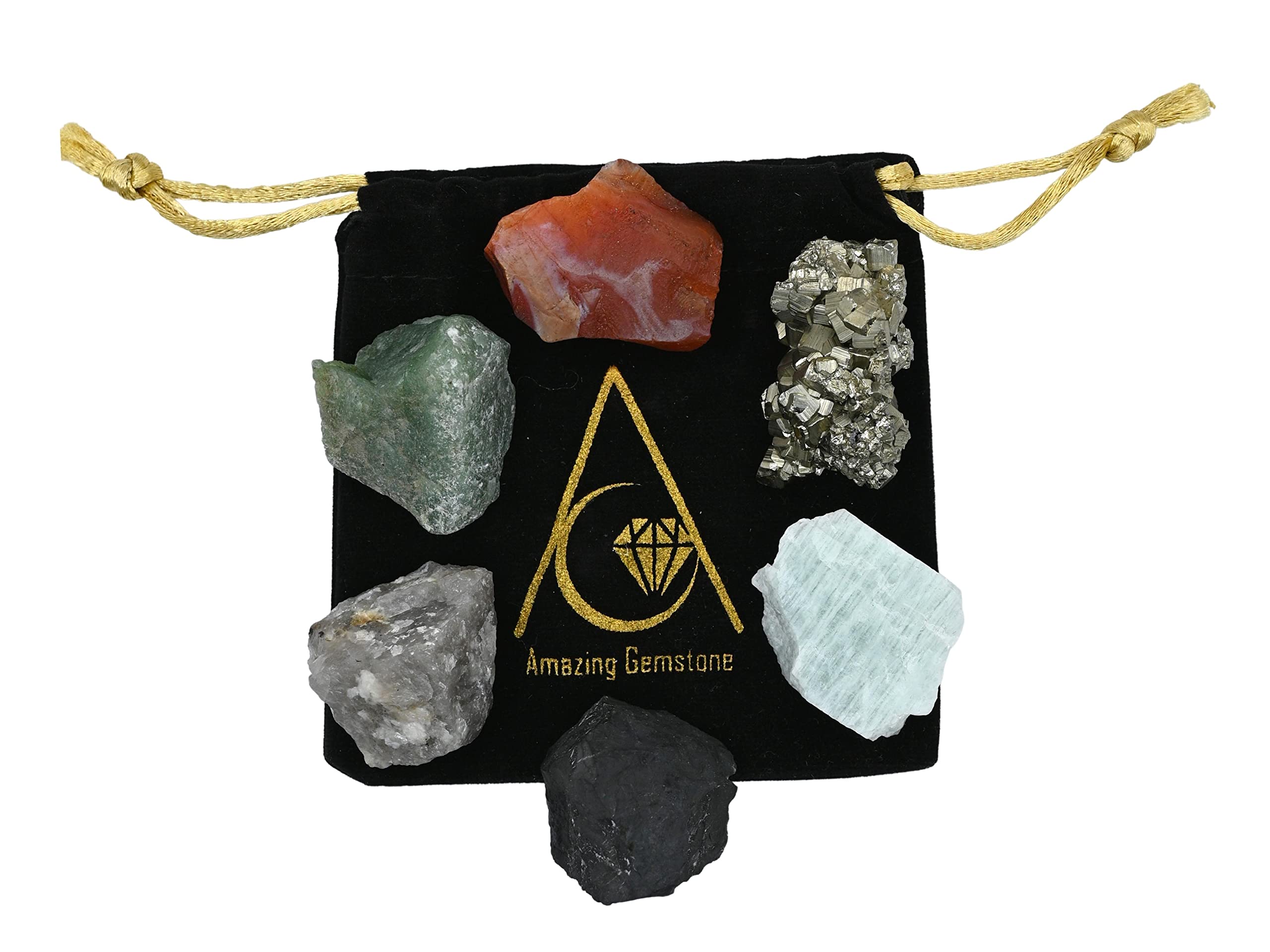 Crystals for Workplace Manifestation, Set of 6 Green Aventurine, Smoky Quartz, Shungite, Carnelian, Pyrite and Amazonite Healing
