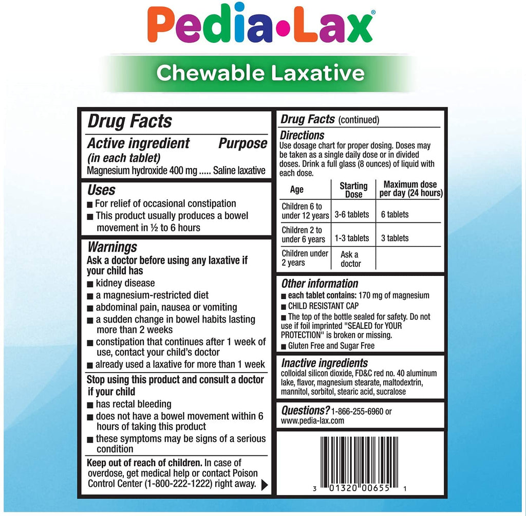 Pedia-Lax Laxative Chewable Tablets for Kids, Ages 2-11, Watermelon Flavor, 30 Count, Pack of 3