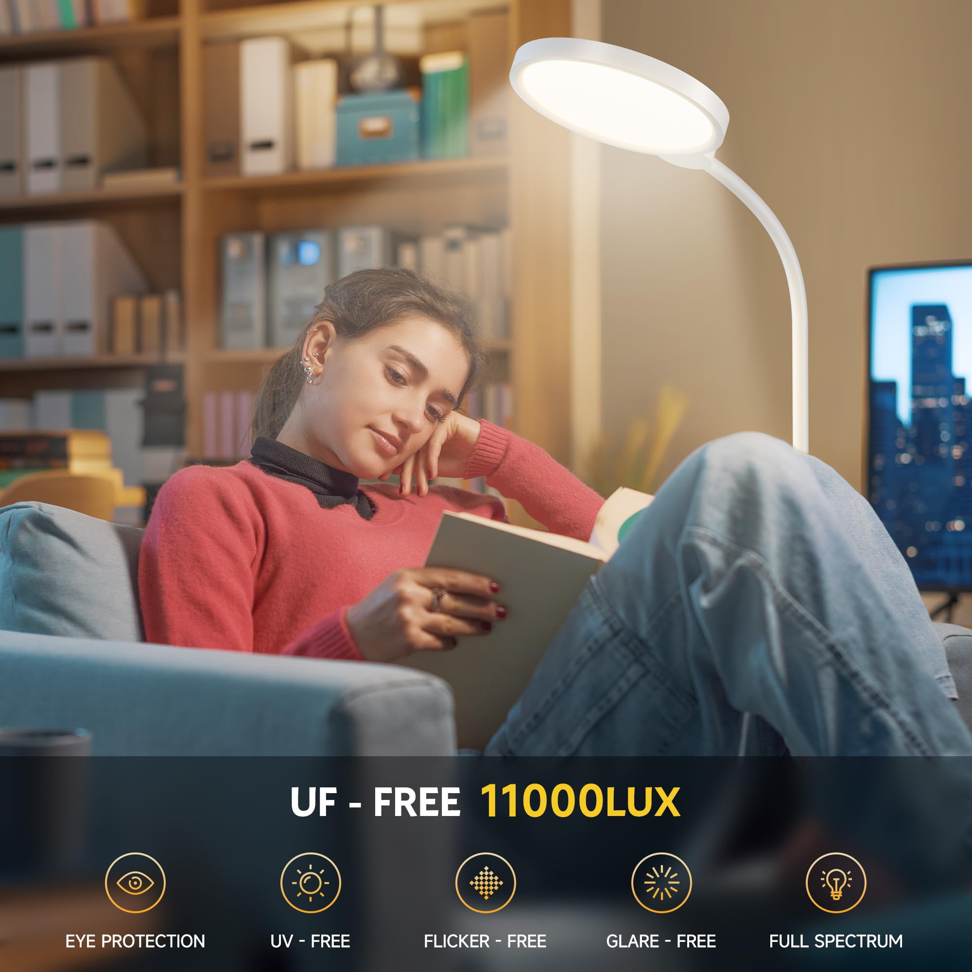 Happy Light Therapy Lamp, 11000 Lux UV-Free Floor Sun Light Lamp with Touch Remote Control, 5 Color Temperatures 10 Brightness L