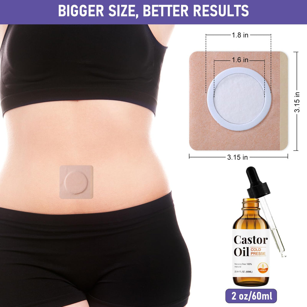 30Pcs Disposable Castor Oil Belly Button Patch with Organic Cold Pressed Glass Bottle 2.04oz | Self-Adhesive Castor Oil Patches