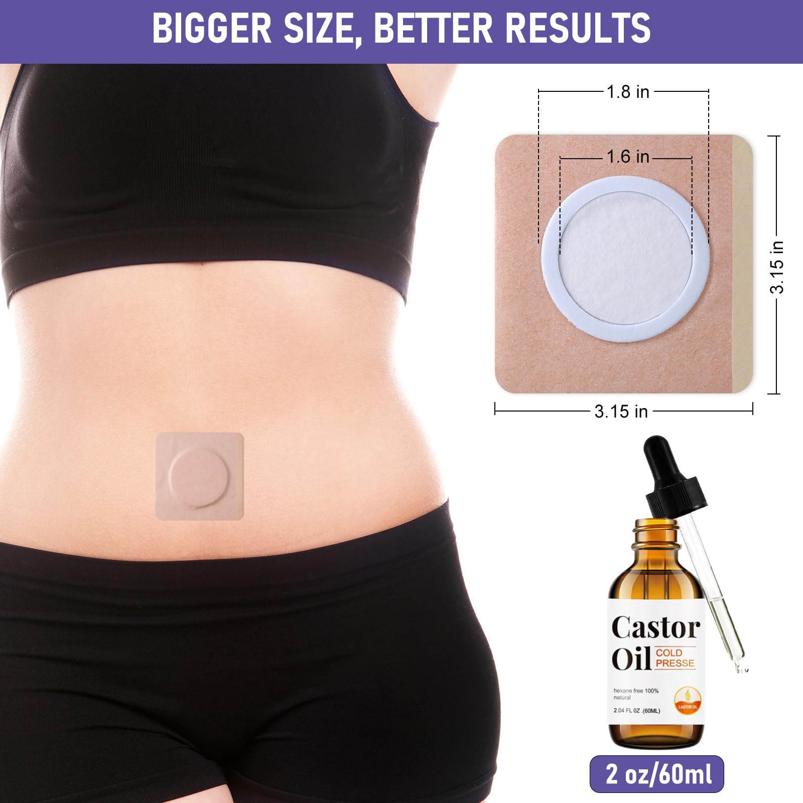30Pcs Disposable Castor Oil Belly Button Patch with Organic Cold Pressed Glass Bottle 2.04oz | Self-Adhesive Castor Oil Patches