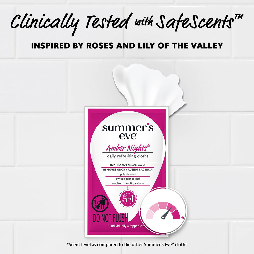 Summer's Eve Daily Cleansing Wipes, Amber Nights with Oat and Shea Extracts, Removes Odor, pH Balanced, 12 Count, 1 Pack
