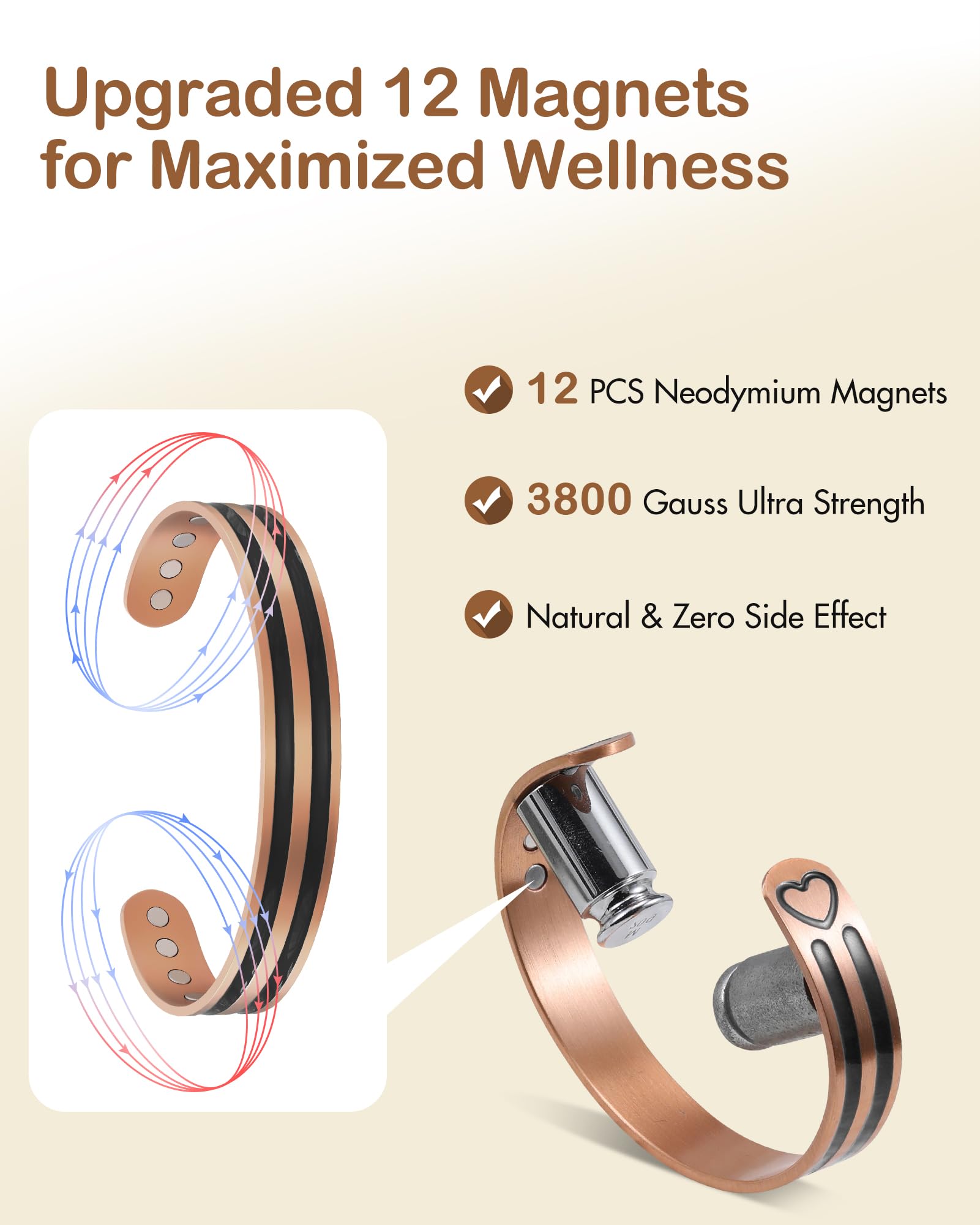 Feraco Copper Bracelet for Men Women, 12X Enhanced Strength Magnetic Bracelet with 3800 Gauss Neodymium Magnets, Pure Copper Cuf