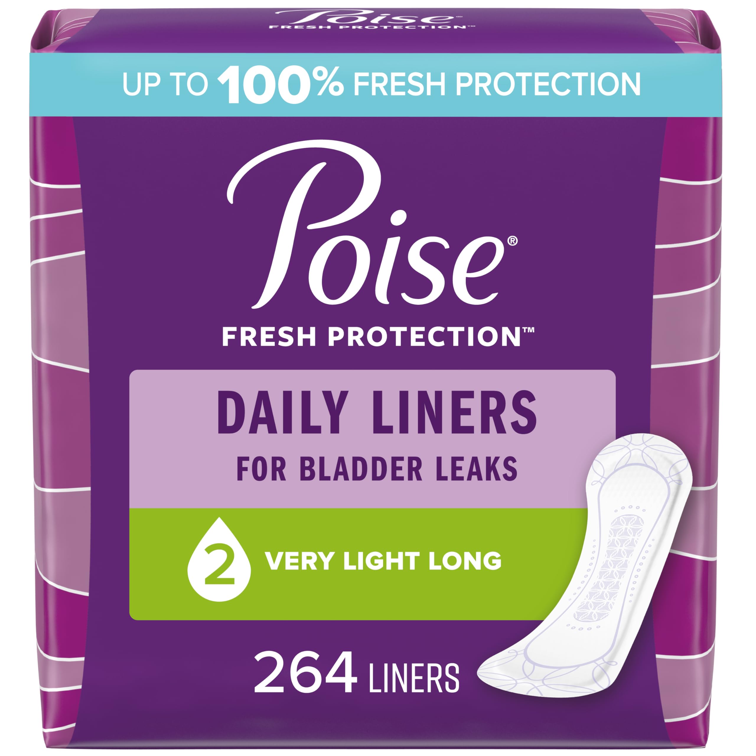 Poise Daily Incontinence Panty Liners, 2 Drop Very Light Absorbency, Long, 264 Count (6 Packs of 44 Pantiliners), Packaging May 