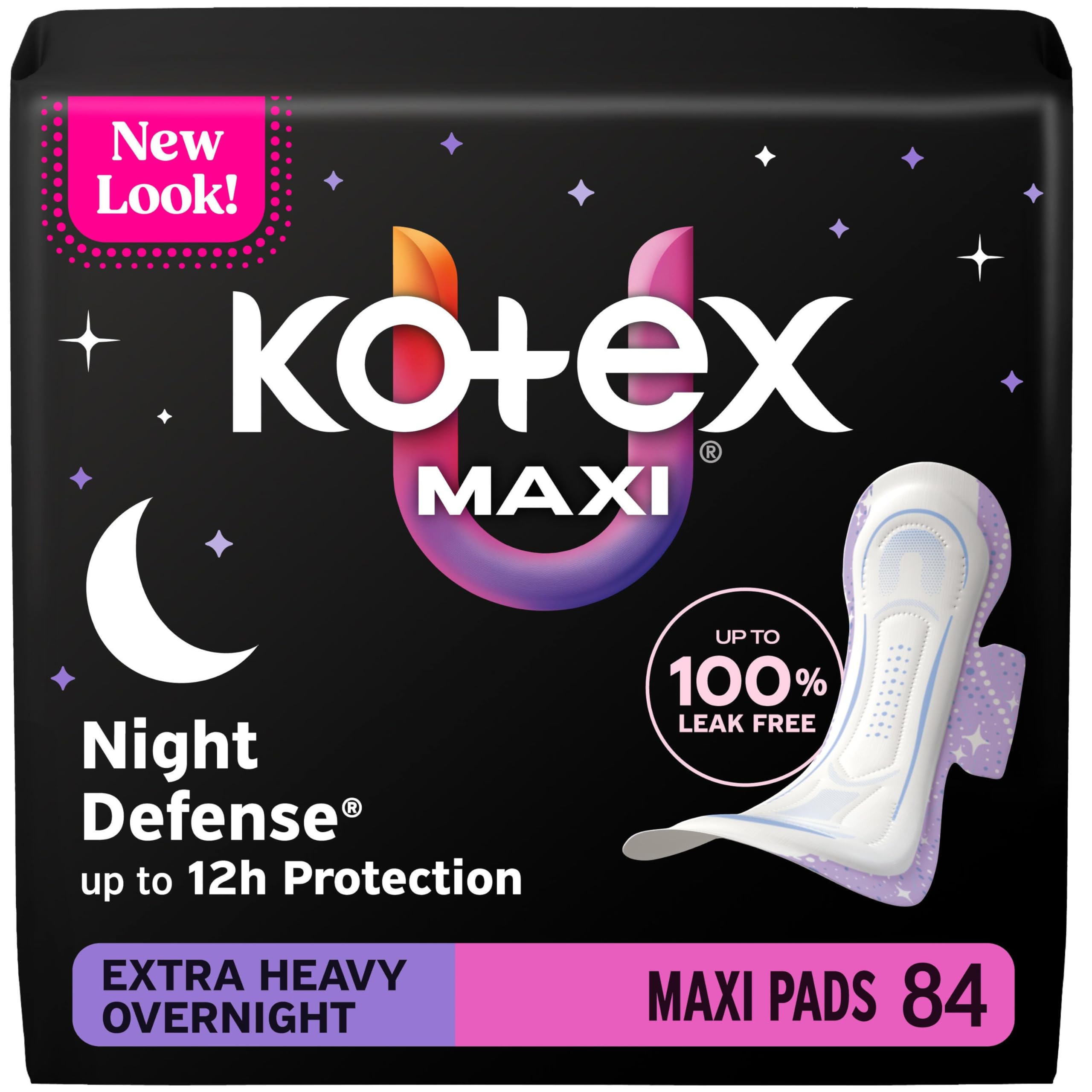 Kotex Overnight Maxi Pads with Wings, Extra Heavy Absorbency, 84 Count (3 Packs of 28)(Packaging May Vary)