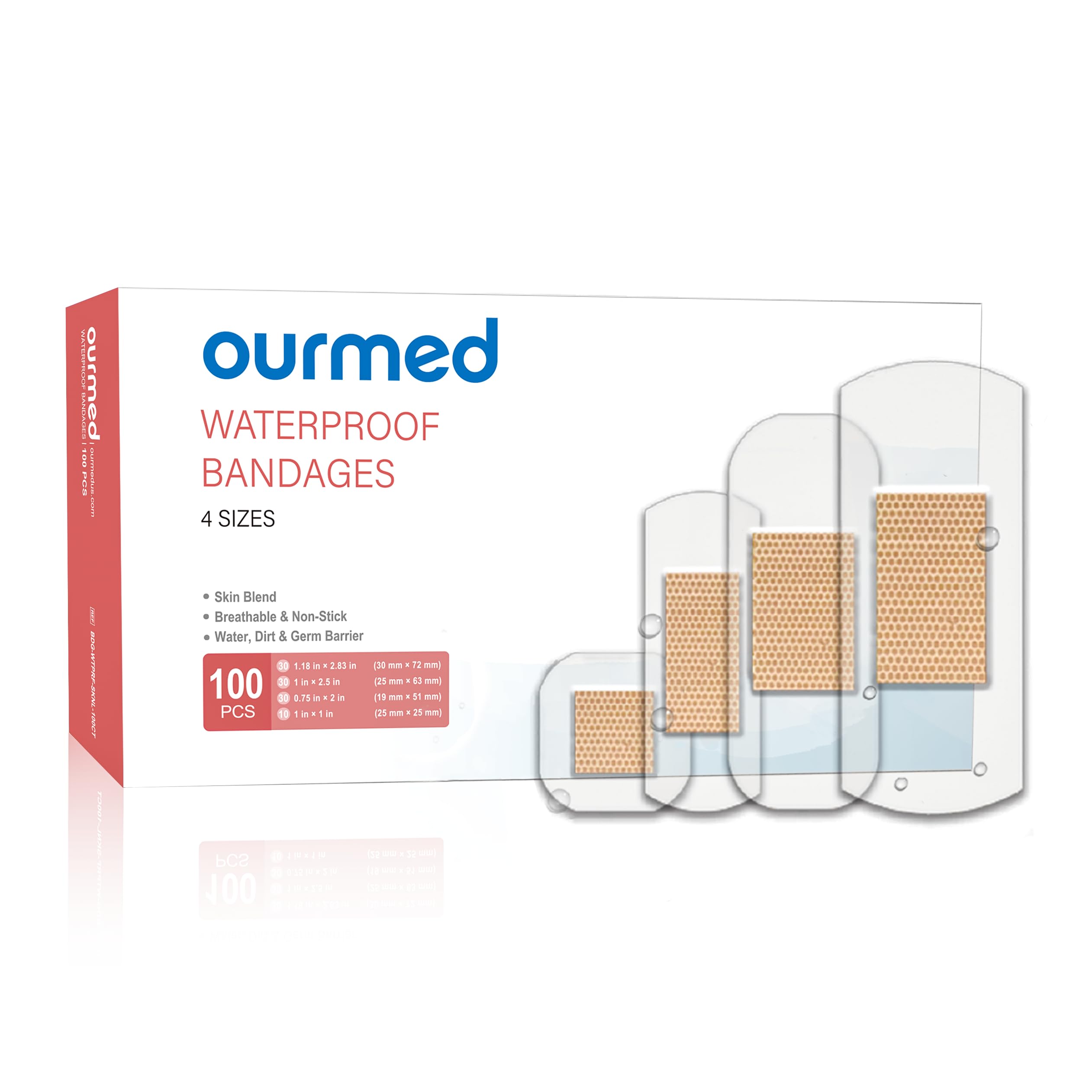Ourmed Waterproof Bandages, Clear Adhesive Bandages for First-Aid, Wound Care, Fingers, Knees and Heels, Stays on Skin in The Ba