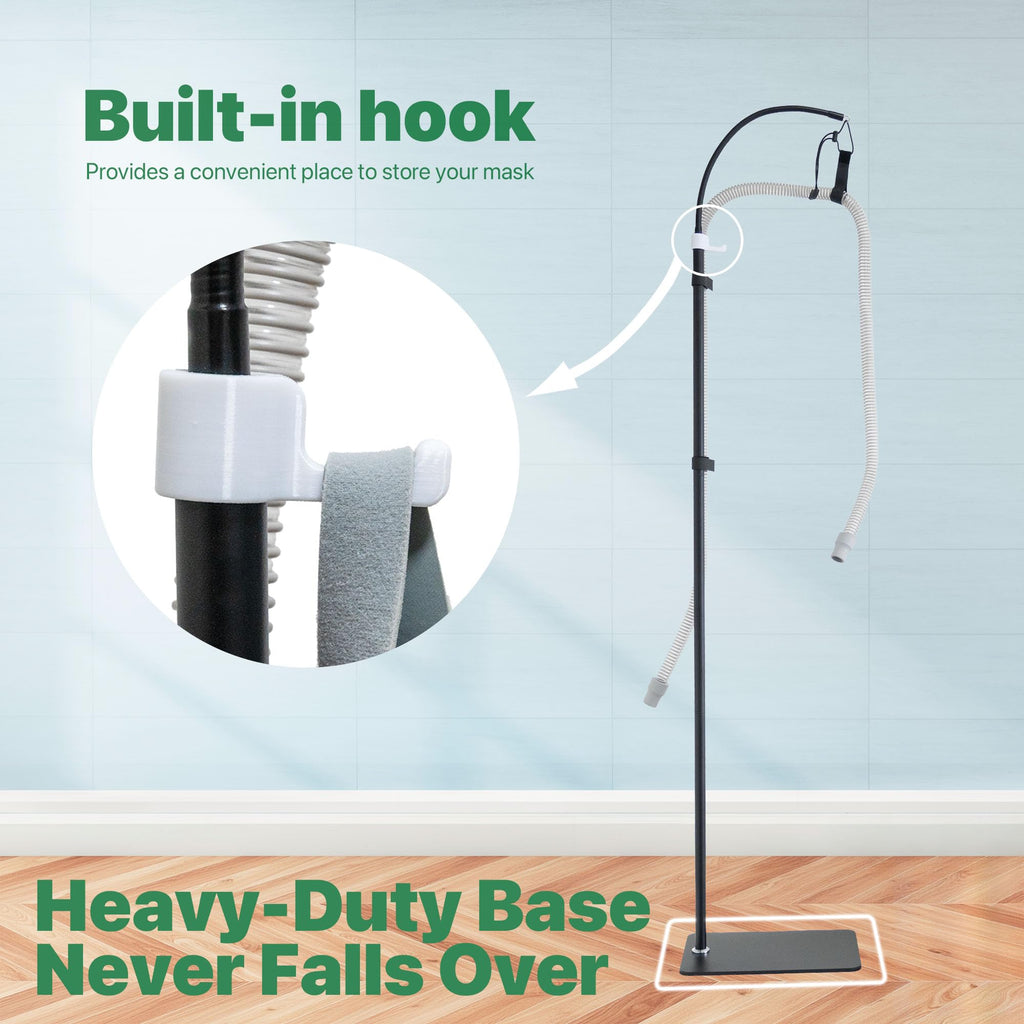 CPAP Hose Holder Stand for Improving Sleep Comfort- Customizable Height & Position for All Bed Heights, Includes Mask Hook & Tub