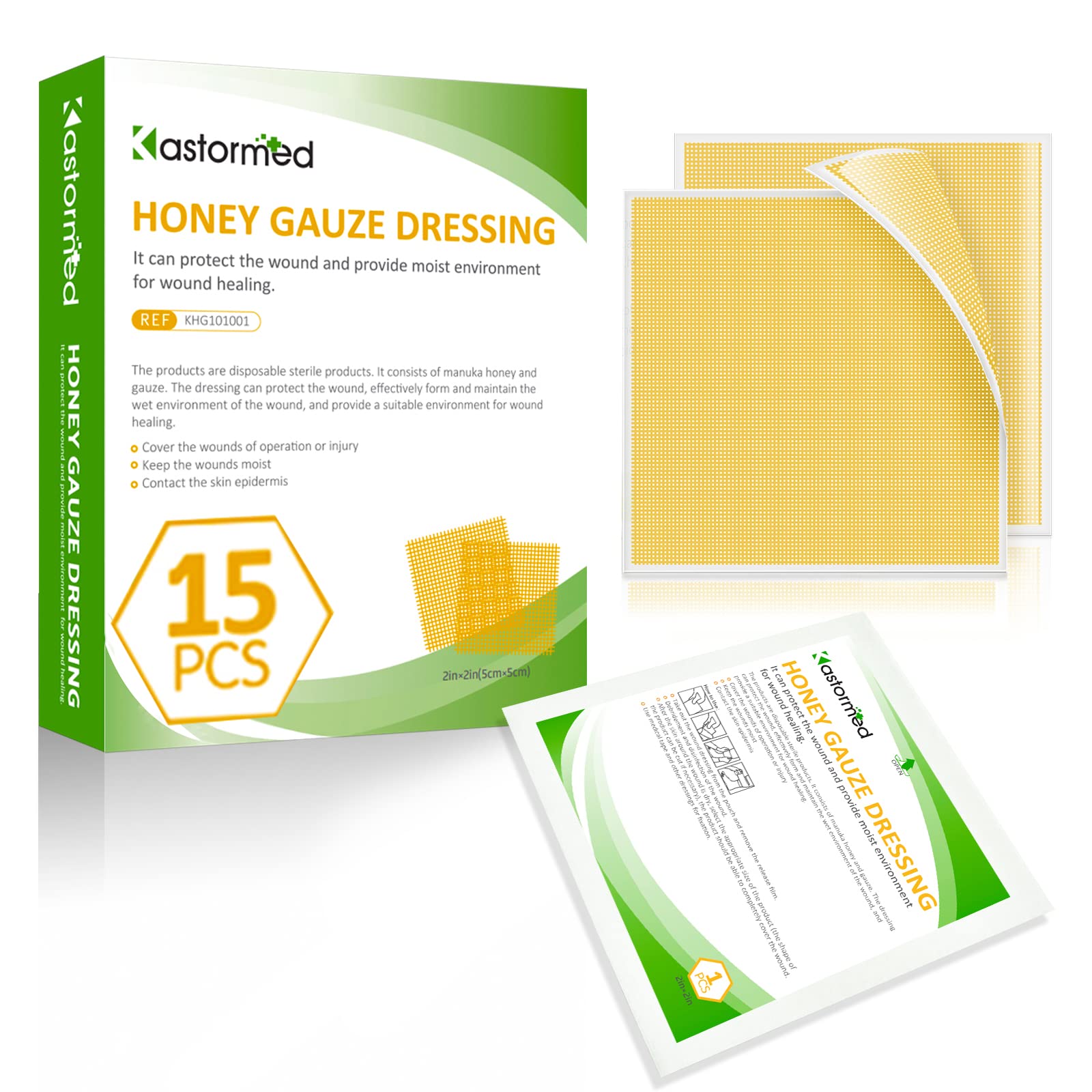 Manuka Honey Wound Care, Honey Gauze Dressing 2 x 2 - Pack of 15, 100% Medical Grade Honey Patch for Faster Healing from Burns, 