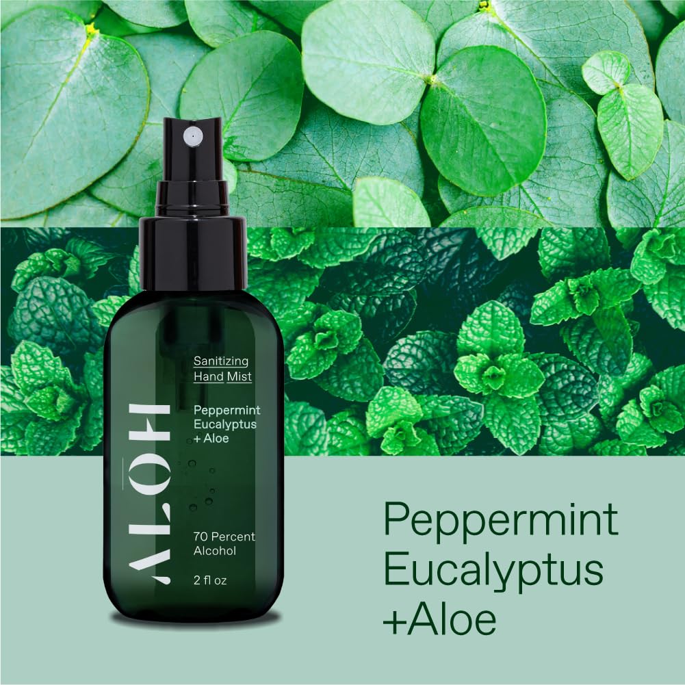 ALOH Sanitizing Hand Mist 3-pack | Peppermint Eucalyptus + Aloe | 70% Alcohol Hydrating Hand Sanitizer Spray with Essential Oil,