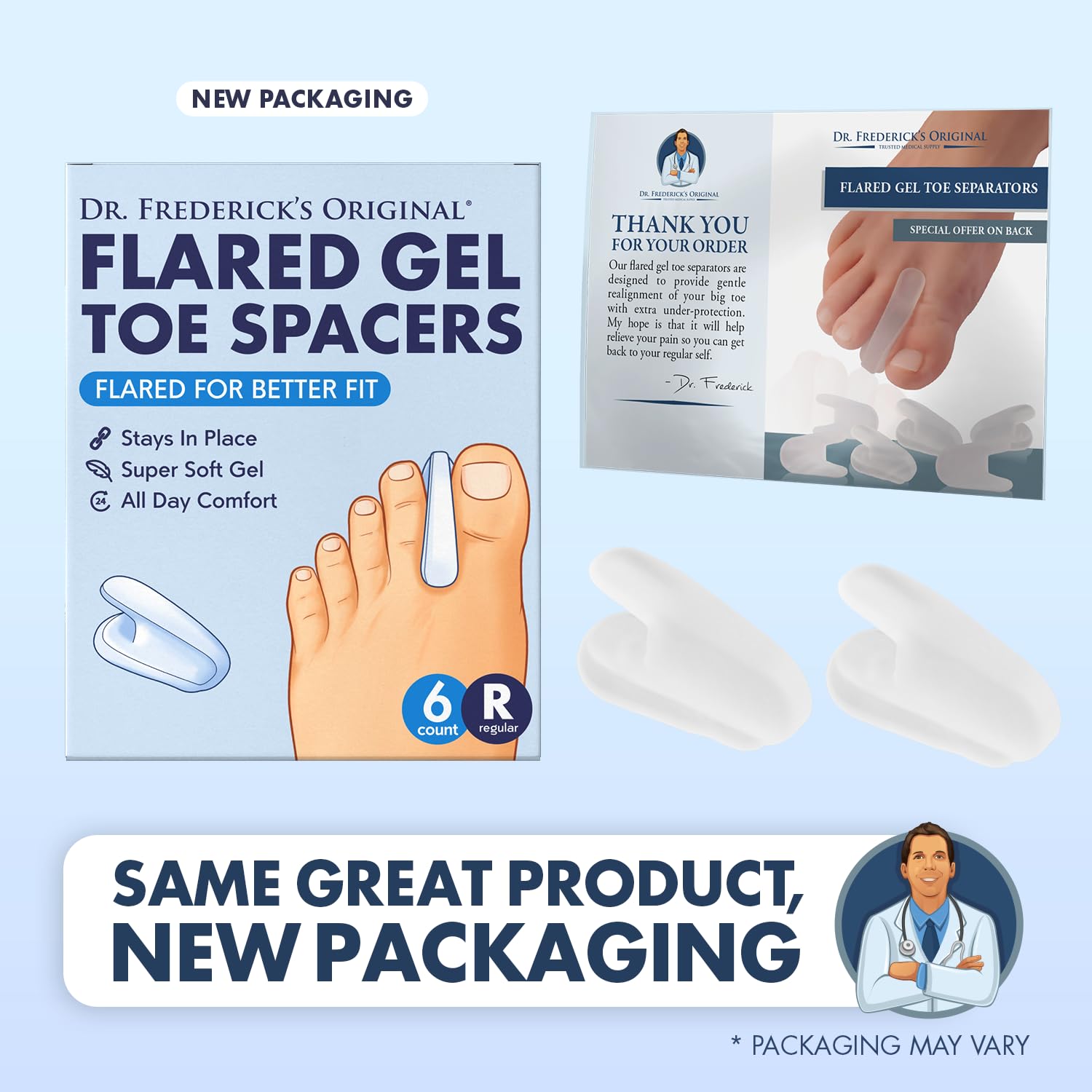 Dr. Frederick's Original Flared Gel Toe Separators - 6 Pcs - Gel Toe Spacers - Bunion Toe Separators - Temporary Bunion Correcto