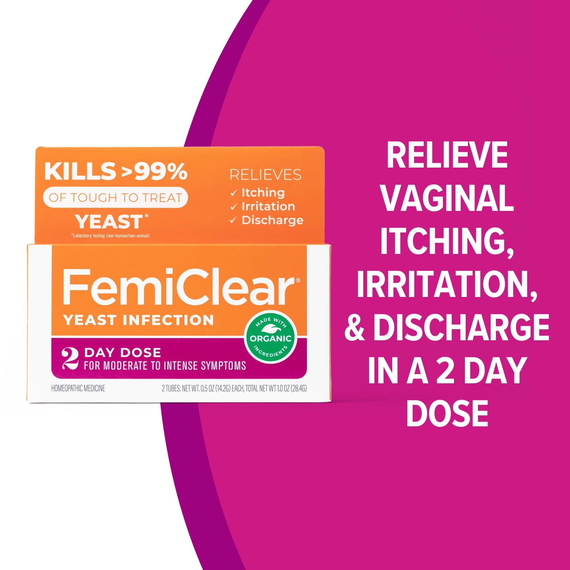 FemiClear 2-Day Dose Yeast Infection and Itch Control Ointment, for Moderate to Intense Symptoms, Made with All-Natural and Orga