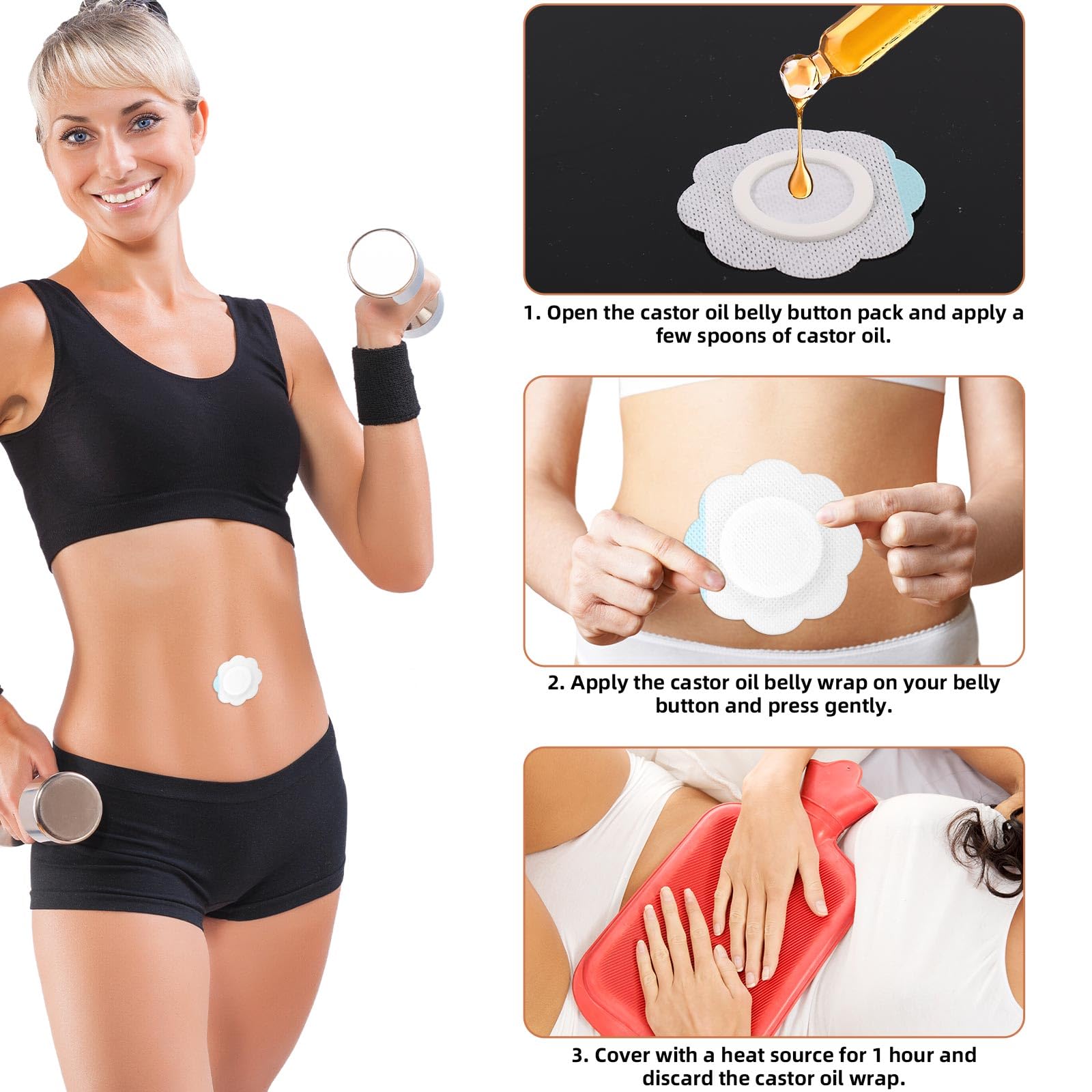 30pcs Castor Oil Belly Button Pack Wrap, 2.76in Self-Adhesive Non-Reusable Highly Absorbent Non-Woven Fabrics Castor Oil Pad Cov