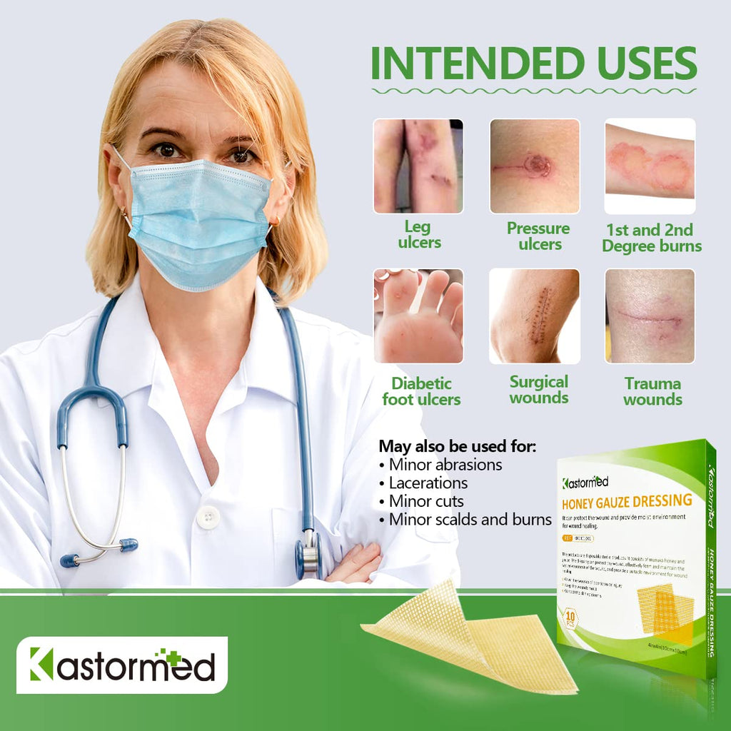 Kastormed Honey Gauze Dressing, Manuka Honey Wound Care, Medical Grade Honey Patches for Faster Wound Care, Burn Dressing, Steri