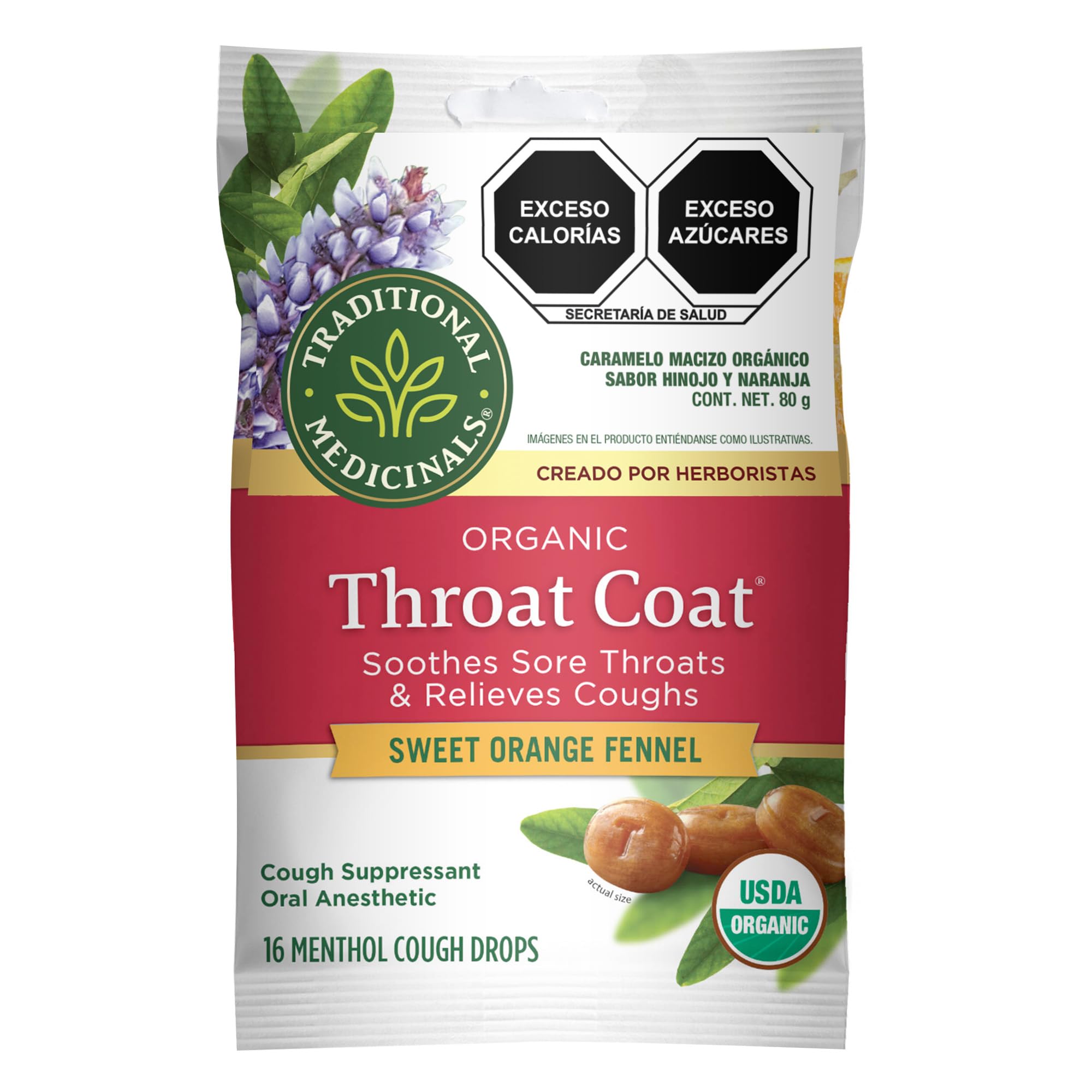 Traditional Medicinals Lozenges, Organic Throat Coat Sweet Orange Fennel, Soothes Sore Throats & Relievs Coughs, 16 Individually