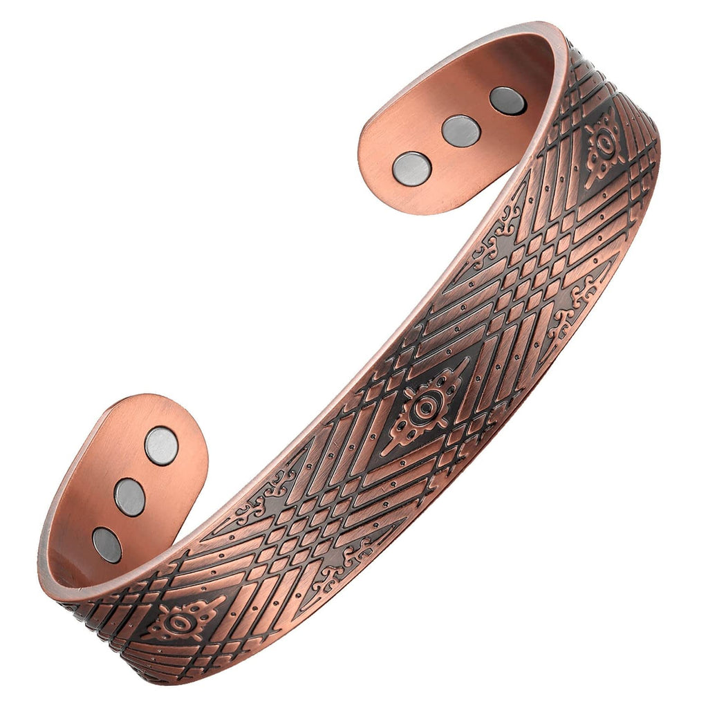 Earth Therapy Bronze Diamond Pattern Magnetic Copper Cuff Bracelet for Men & Women - Adjustable - Ultra Strength