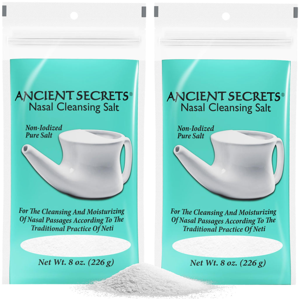 ANCIENT SECRETS Pure Cleansing Salt, Non-Iodized, 2-Pack - for Use with Ceramic or Travel Neti Pot, 8 Oz Ea