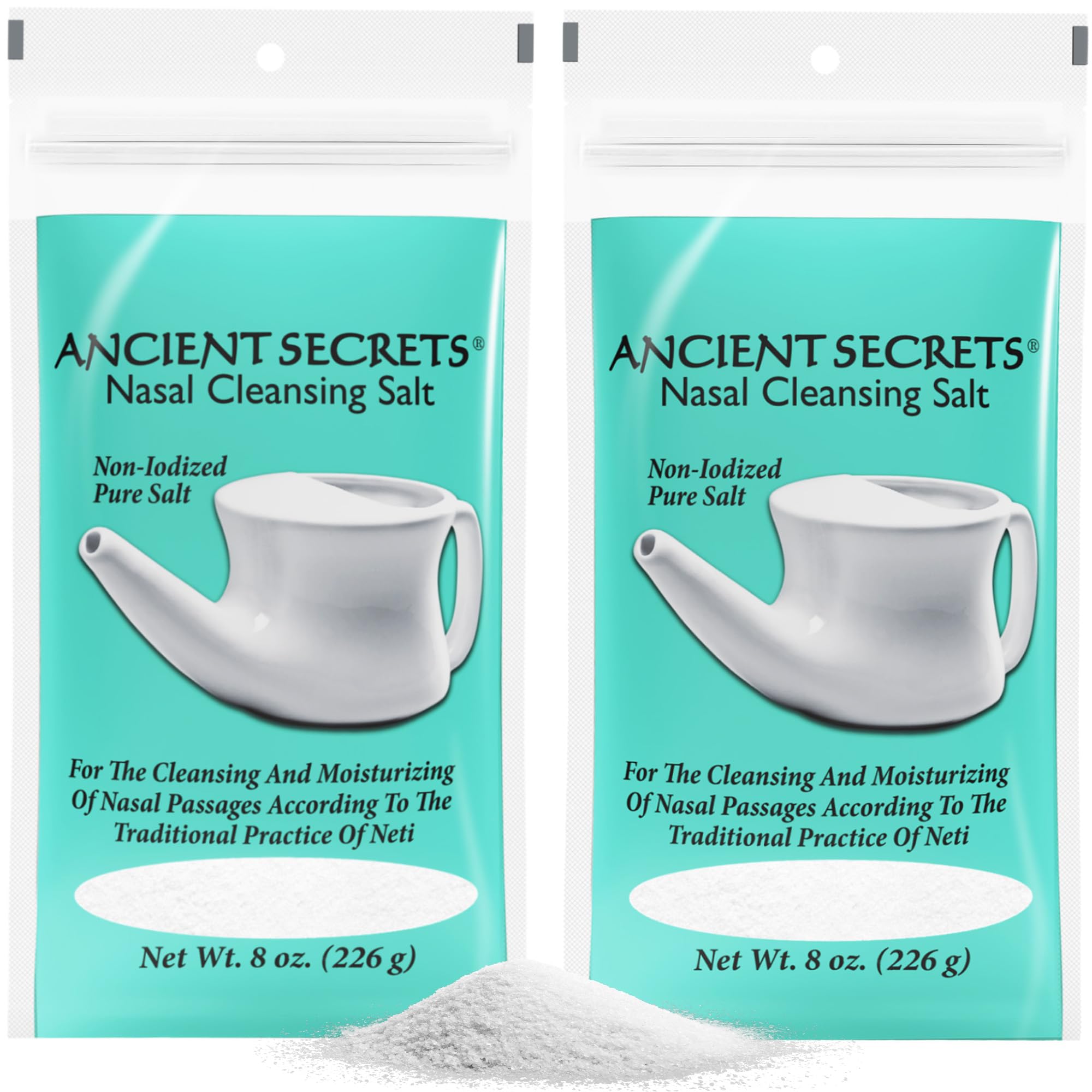 ANCIENT SECRETS Pure Cleansing Salt, Non-Iodized, 2-Pack - for Use with Ceramic or Travel Neti Pot, 8 Oz Ea